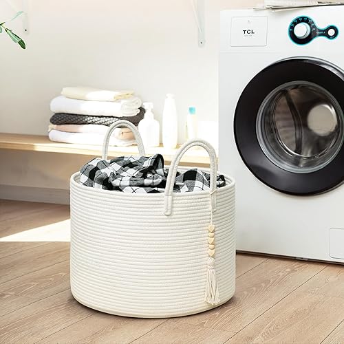 Miniatura 5 de Goodpick Cesta de lavandería grande decorativa blanca para mantas, cesta de almacenamiento de bebé para guardería, sala de estar, dormitorio,