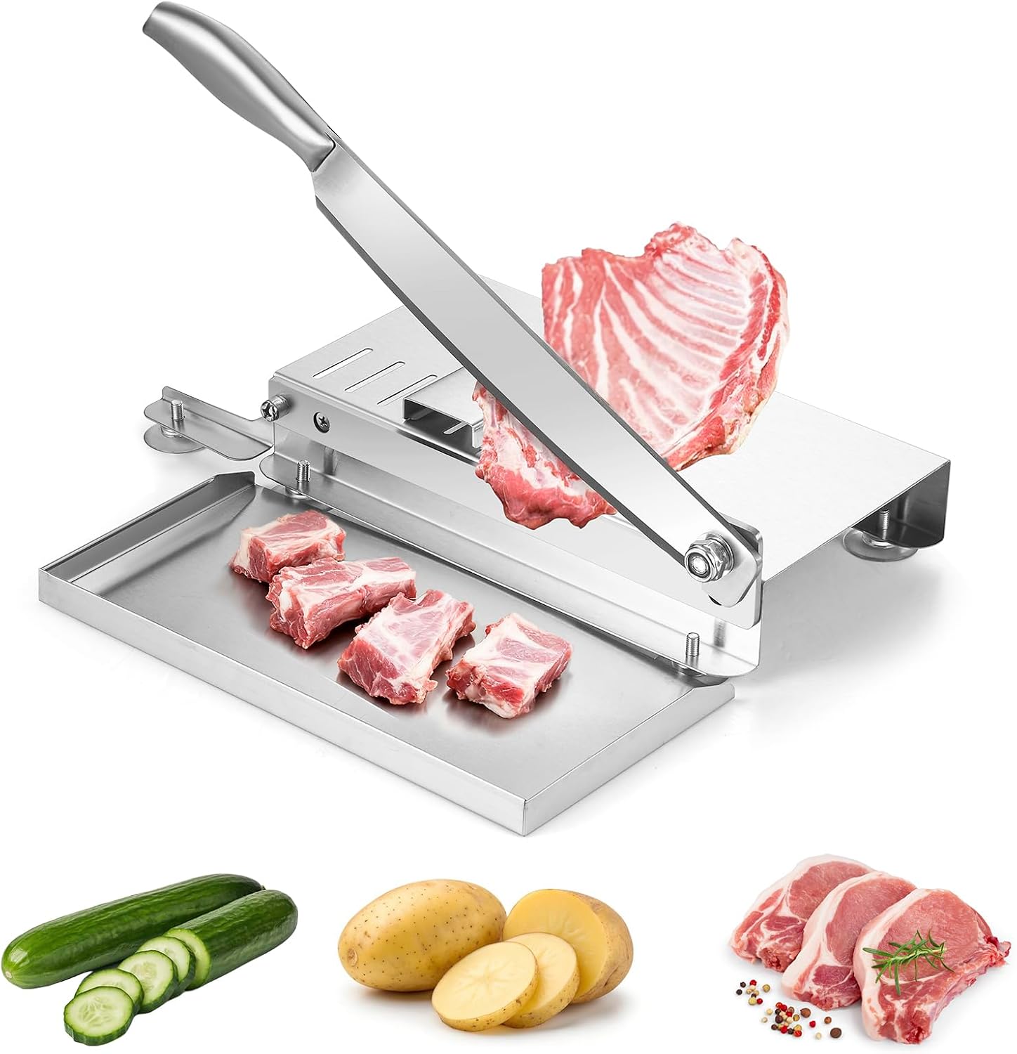Meat Bone Cutter, Manual Meat Slicer Bone Cutting Knife with Food-grade Stainless Steel Blade and Food Catch Tray, Beef Jerky Chicken Bone Cleaver for Home and Commercial Cooking, 15.5 Inches