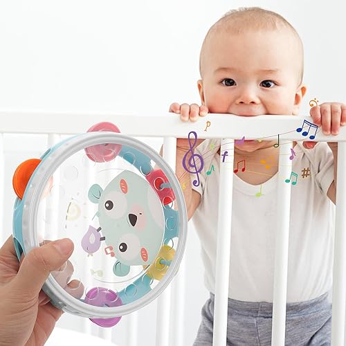 Miniatura 7 de SUPVOX Tambor de pandereta de mano de 6.29 pulgadas para niños tambor de mano azul cielo con campanas - Instrumento musical de percusión de plástico