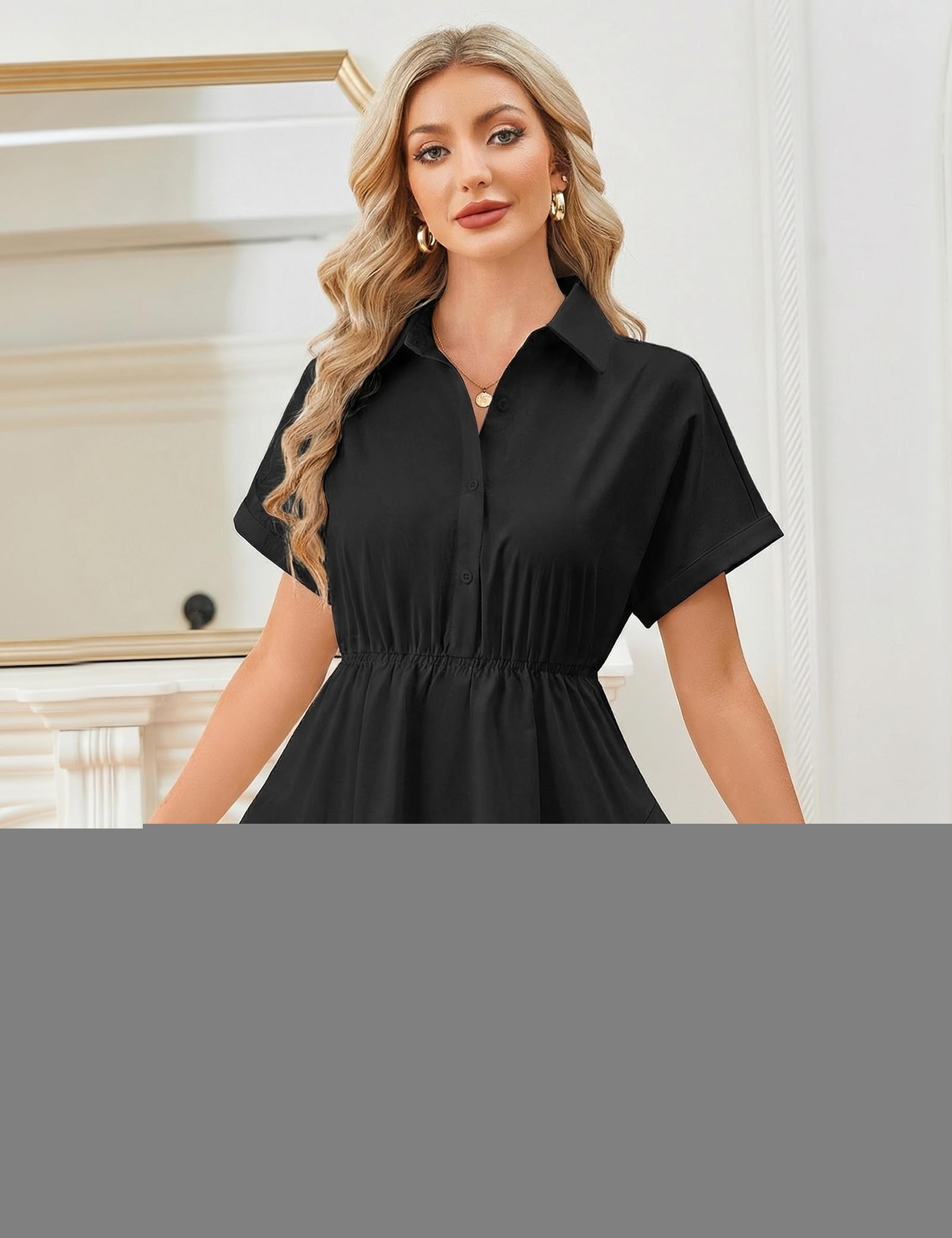 Beluring Blusenkleid Damen Sommer Kurzarm Minikleid V-Ausschnitt Knopfleiste Tunika Kleider mit Taschen