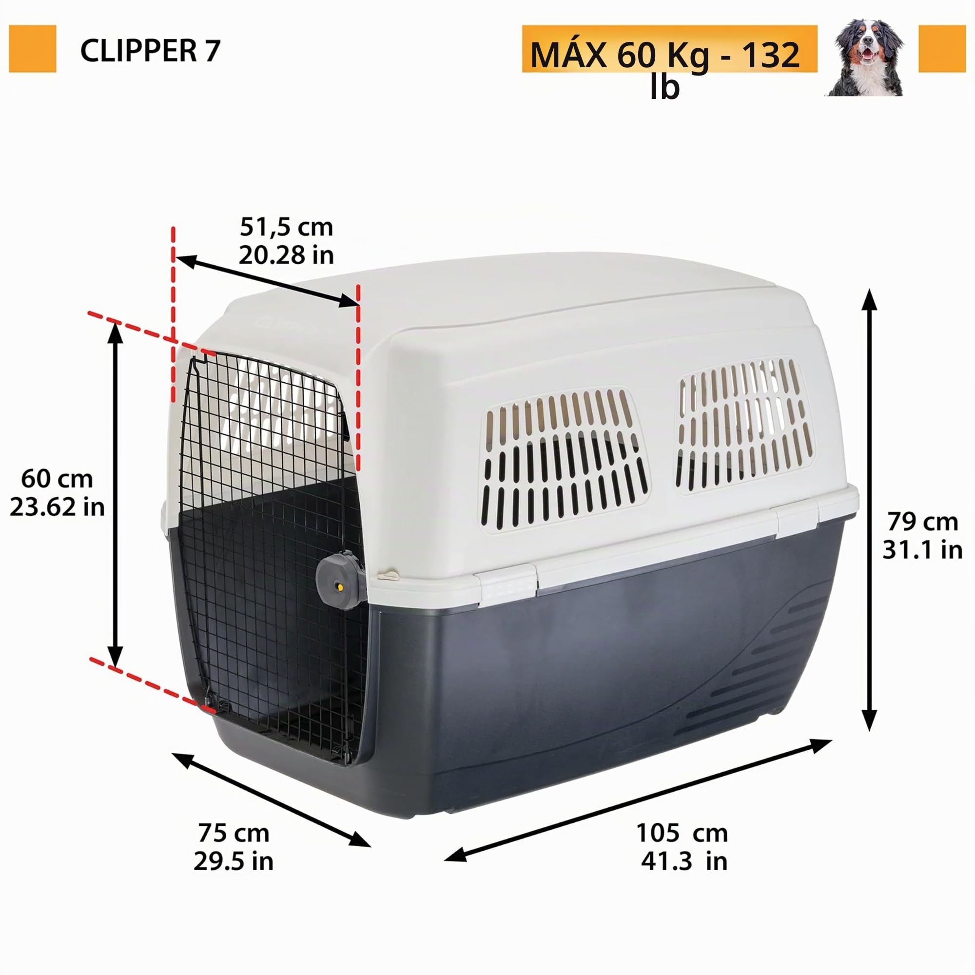 Ferplast Transportín Perro Clipper Plus, IATA, Transportín para Perros Grandes MAX 60 Kg, BleuCierre Seguro, Doble Compartimento para Accesorios, Asa extraíble, 105 x 75 x h 79 cm
