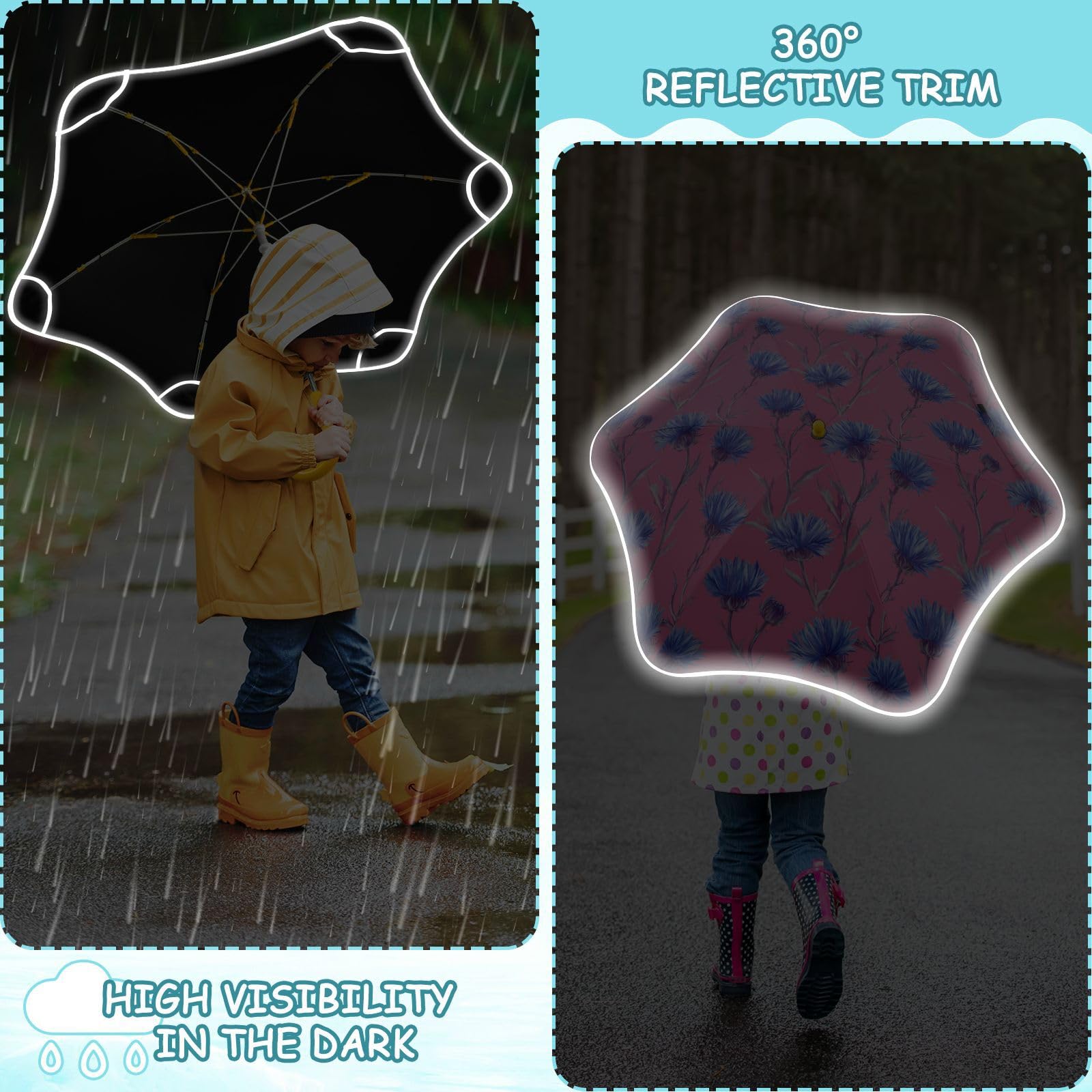 Parapluie rose à motif floral bleu pour enfants filles et garçons, parapluie de pluie et coupe-vent pour enfants avec bande réfléchissante, parapluie de voyage avec poignée à crochet facile à prendre