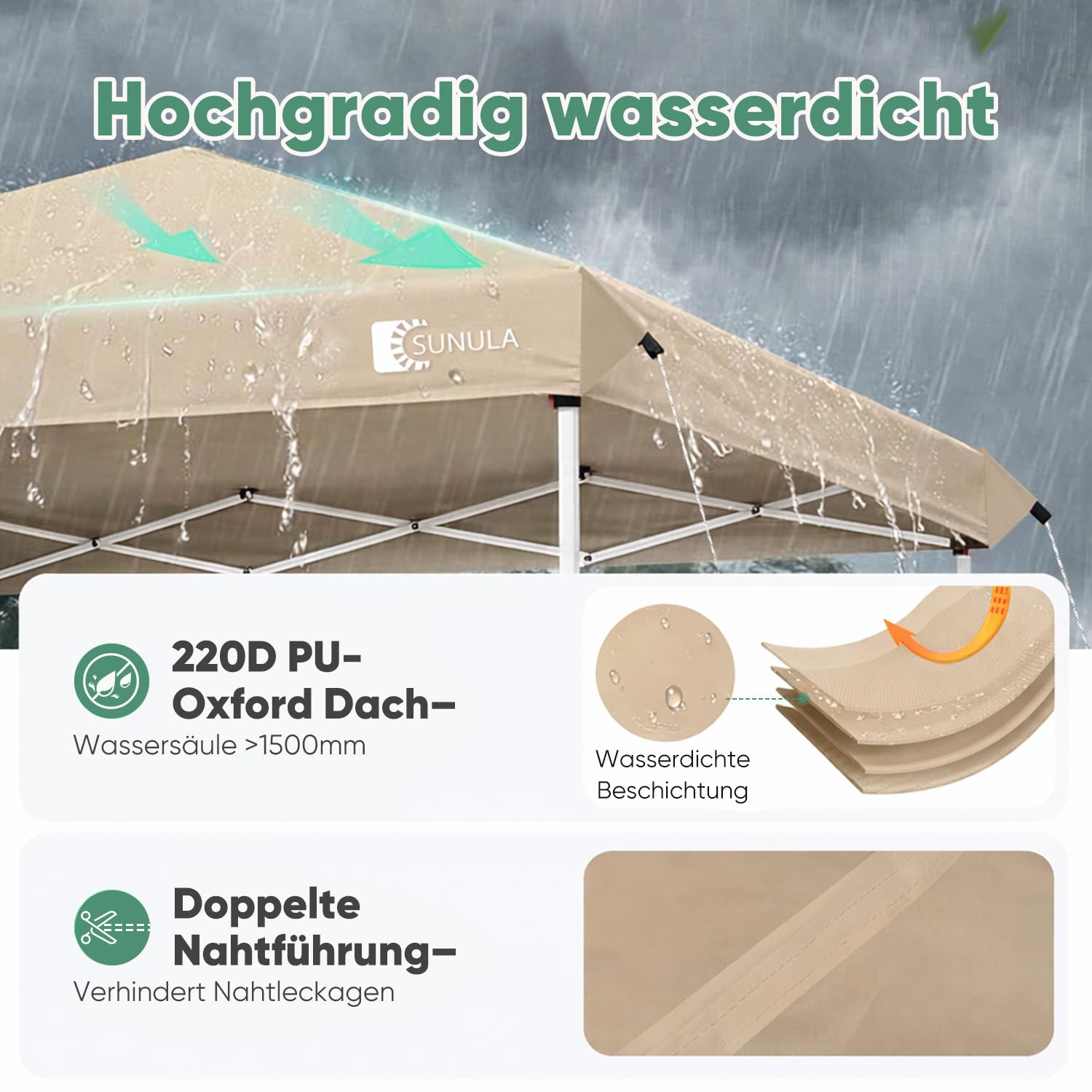 Sunula Pavillon 3x3 Wasserdicht Stabil Winterfest, Faltpavillon 3x3m mit Verdickten Röhren, Partyzelt Pavillion Klappbar für Camping Festival Party, Khaki