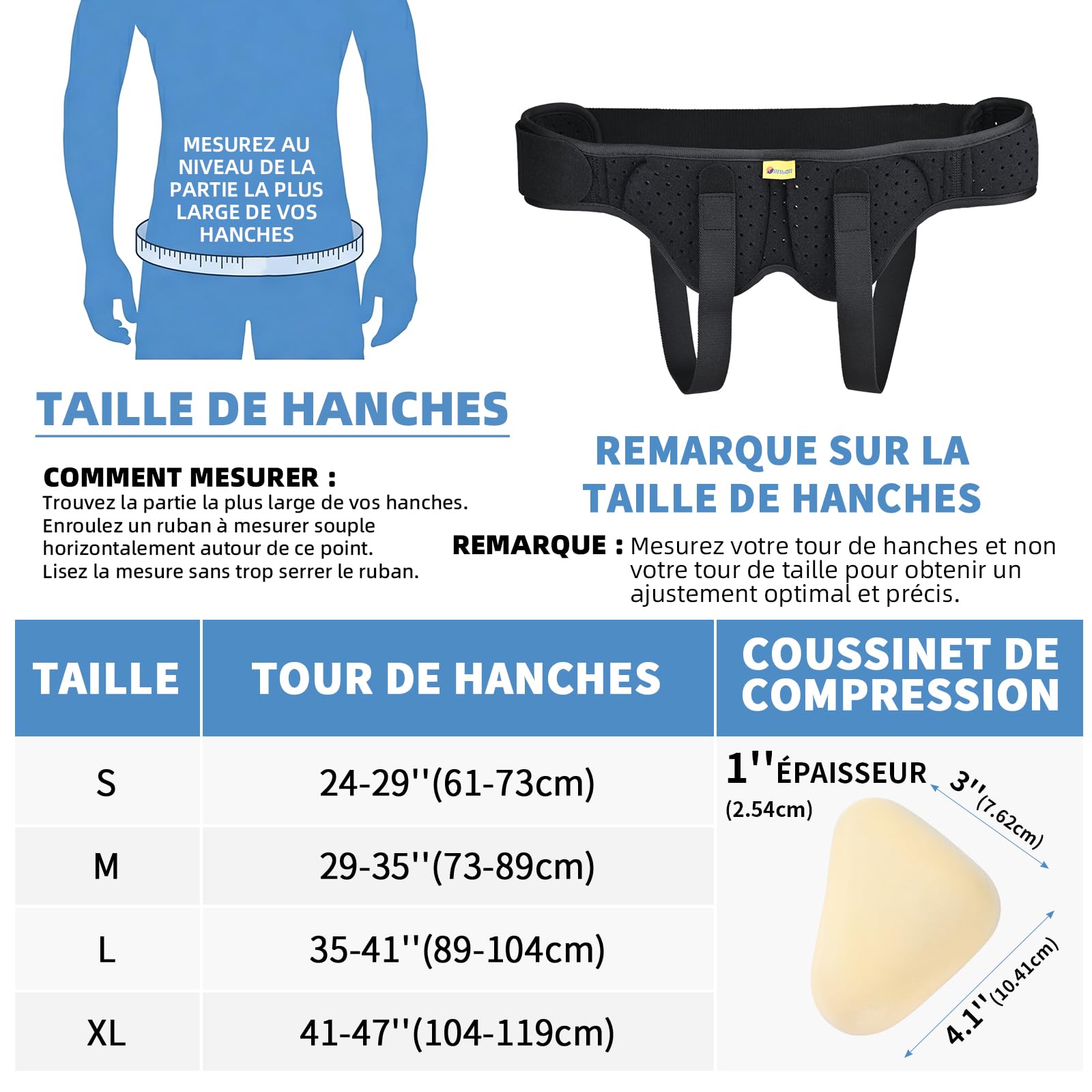 Tenbon Ceinture herniaire pour homme et femme Ceinture herniaire réglable flexible Soutien herniaire Soulagement de la douleur avec 2 coussinets de compression amovibles Hernie gauche et droite (M)