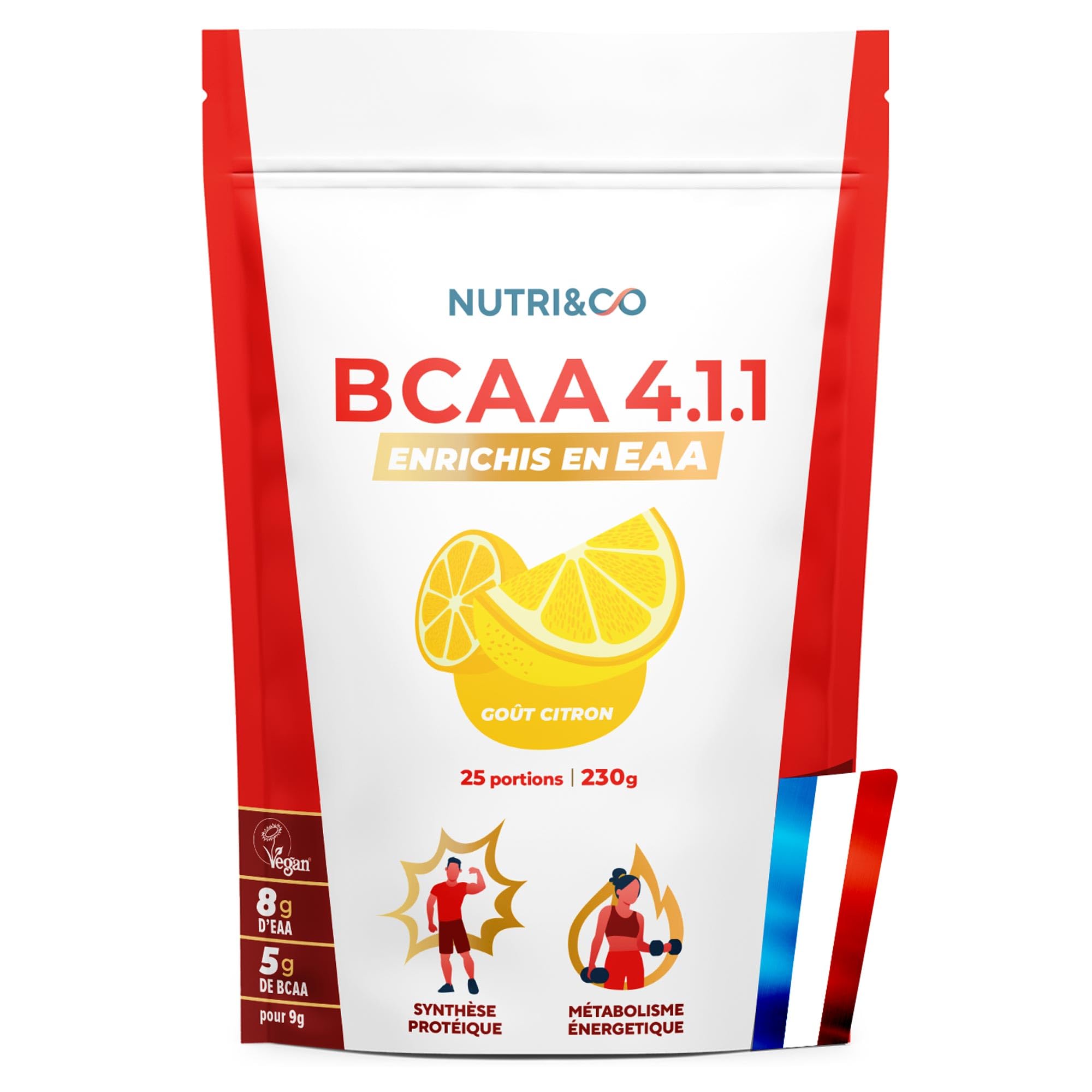 NUTRI & CO BCAA en Poudre 4.1.1 enrichi en EAA - Acides Aminés Prise de Masse & Récupération Musculaire - Leucine, Isoleucine, Valine - Vitamine B6-230g Saveur Citron - 25 portions Vegan