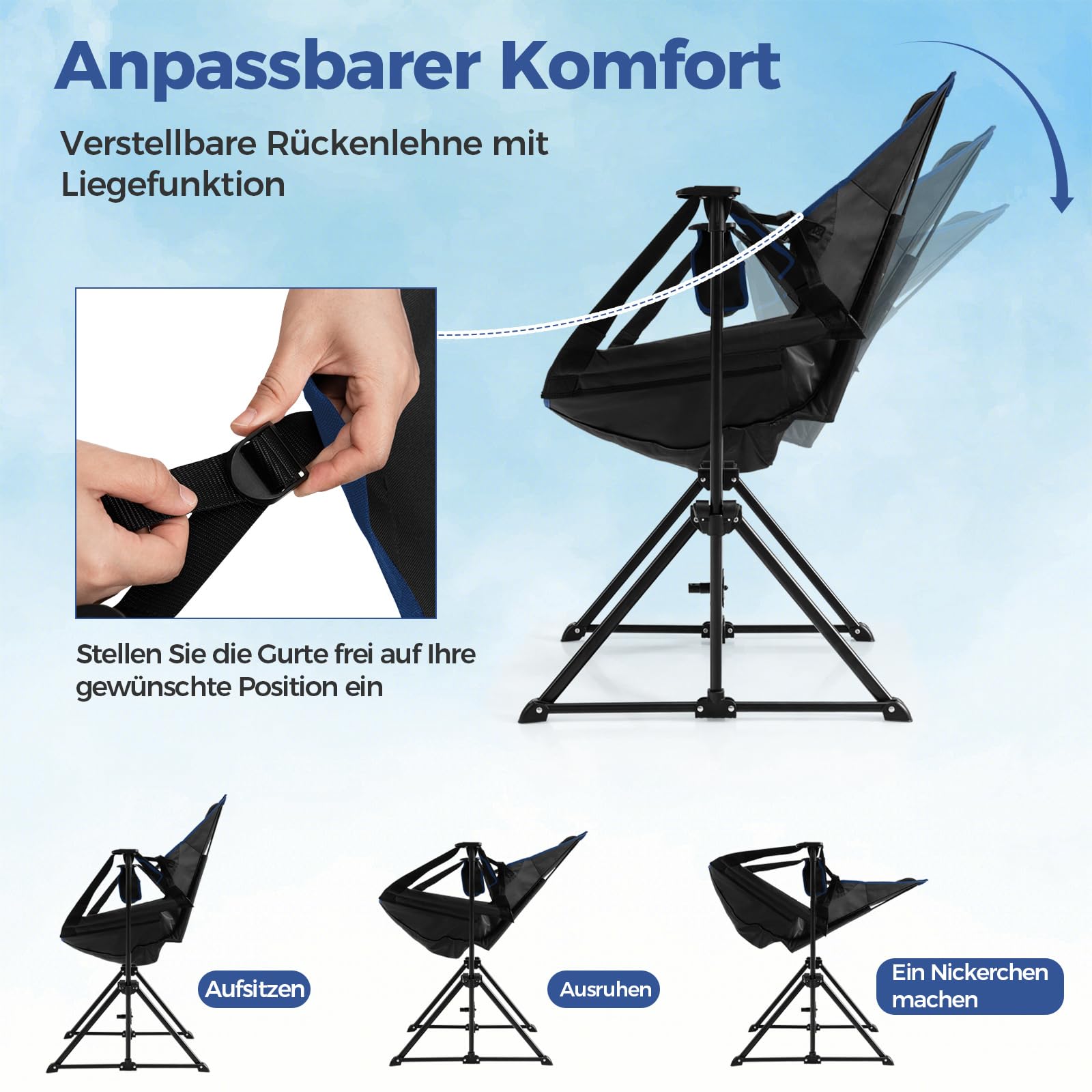 COSTWAY Campingstuhl mit Fußstütze, Verstellbarer Rückenlehne, Kopfstütze & Getränkehalter, klappbarer Angelstuhl, Faltstuhl, Klappstuhl, Tragfähigkeit 150 kg, inklusive Tragetasche