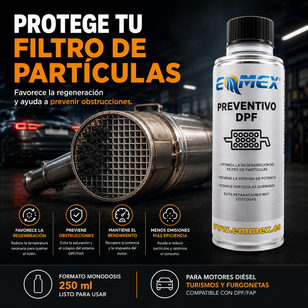 EMMEX Regenerador Filtro de Partículas DPF Diésel 250ml (Pack 4 uds) - Limpiador y Catalizador de Hollín FAP | Evita Obstrucciones, Modo Protección y Averías | Tratamiento Preventivo Pre-ITV