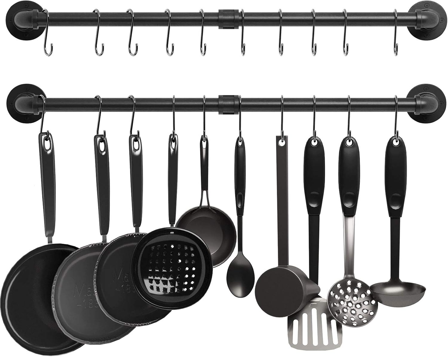 Greenstell Pot Rack with 14 S Hooks, 37 inch Wall Mounted Hanging Pot Rack, Industrial Pipe Hanging Rail for Kitchen Pot & Pan Lids, Multi Functional Wall Mounted Organizer Rack (Black 2 Pack) : Home & Kitchen