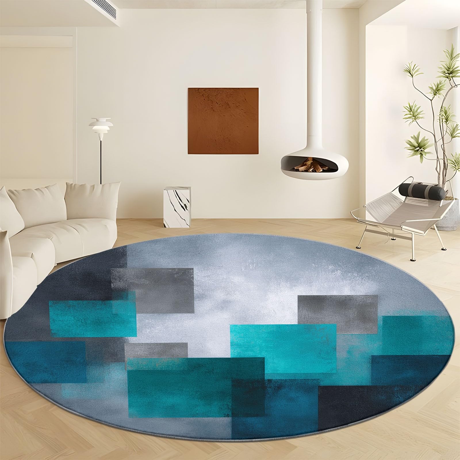 Okrągły dywan do salonu nadający się do prania 150 cm sztuka abstrakcyjna, dywan do sypialni geometria retro miękkie klocki - sypialnia krótkie włosie salon sypialnia jadalnia lub akademik rodzinny