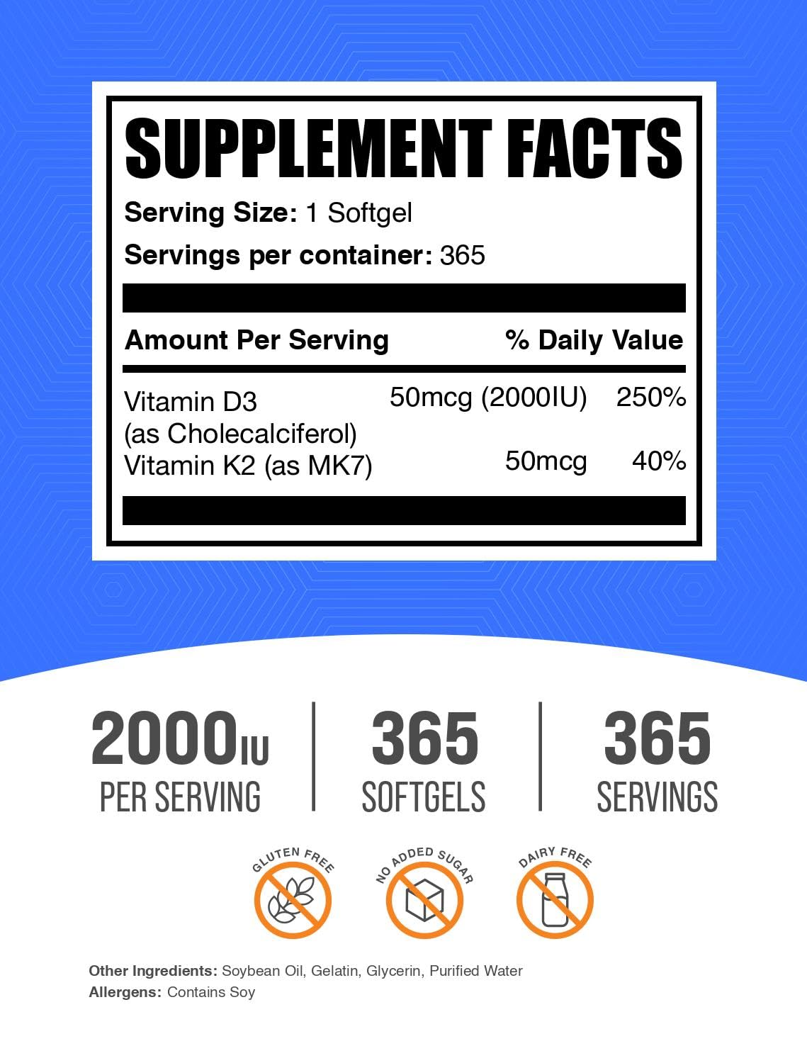 BulkSupplements.com Vitamin D3 + Vitamin K2 Softgels - D3, K2, Vitamin Supplement - Gluten Free, 1 Softgel per Serving (2000IU), 365 Count (Pack of 1)