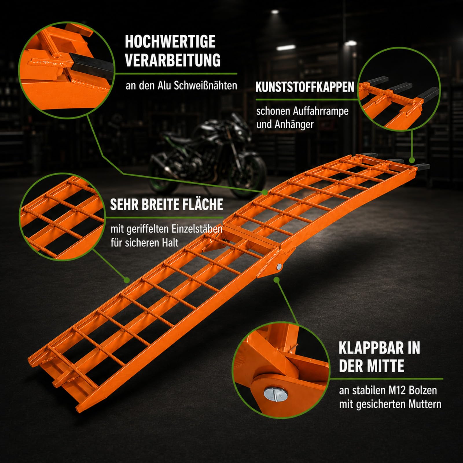 TRUTZHOLM Auffahrrampe klappbar Länge 180 cm Traglast 340 kg | Faltbare Laderampe Alu Verladerampe Antirutsch für Motorrad ATV Quad PKW Auto