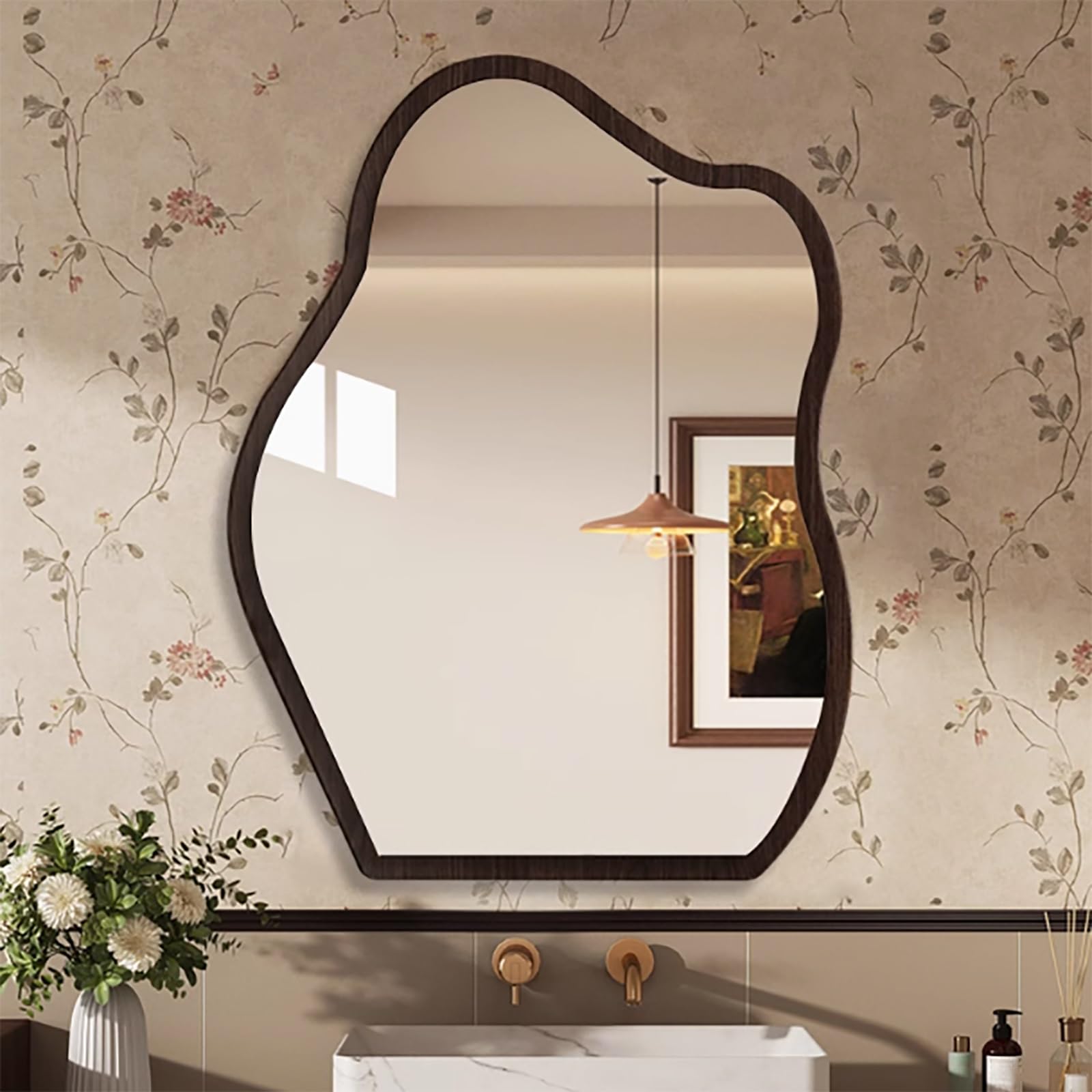 FGXHHS Asymmetrical Cloud Wall Mirror, Irregular Modern Decorative Mirror with Frame for Mounting, Vanity Living Room, Bedroom, Bathroom, Entryway, Walnut, 46x60cm/18.1x24in