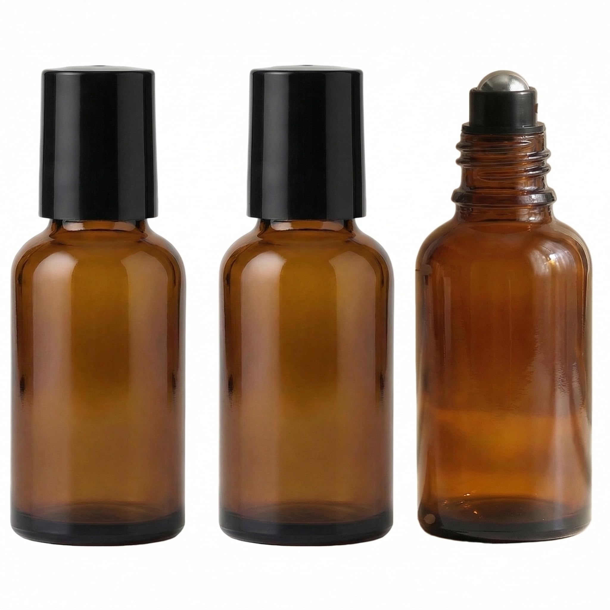 3 flaconcini vuoti di alta qualità da 50 ml in vetro, ricaricabili, con roll-on, per oli essenziali, profumi, essenze, con sfera in acciaio inox e coperchio nero