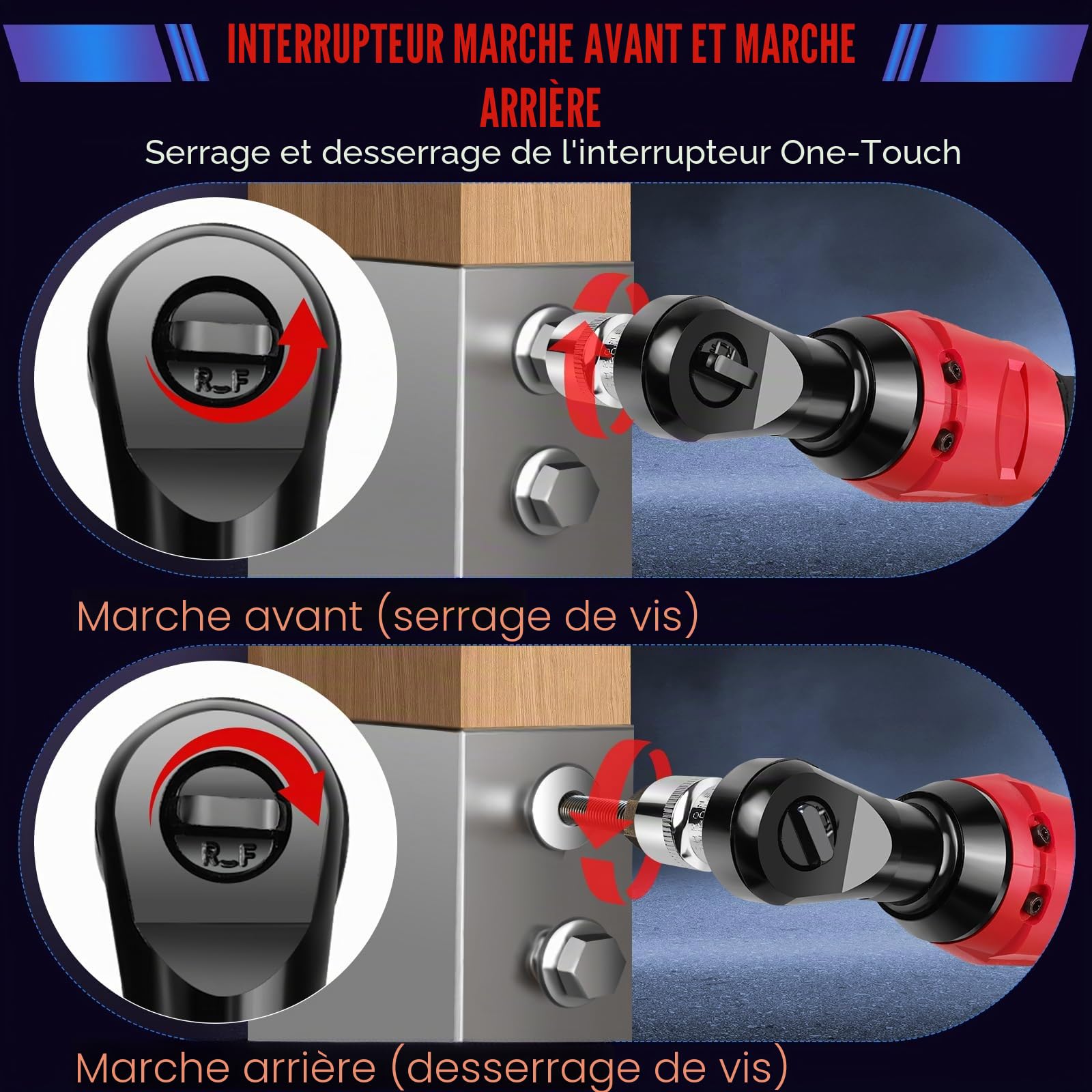 Jeu de clés à cliquet électriques 12 V 3/8" sans fil 40 N.m 0-300 tr/min 2 batteries 1500 mAh 7 prises