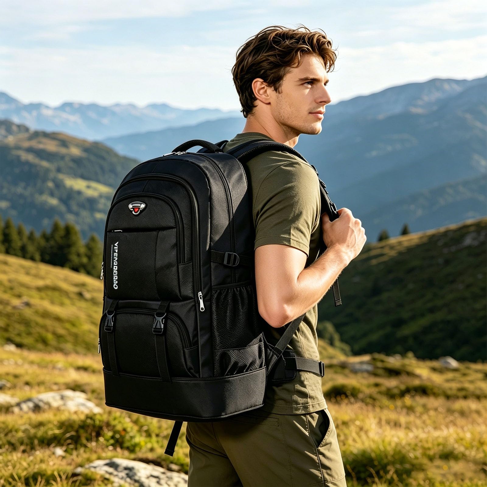 65L Wanderrucksack Schwarz, Erweiterbare Reise-Wander-Tagesrucksäcke, wasserdichter großer Campingrucksack für Herren Damen, faltbarer leichter Outdoor-Sportrucksack für Klettertouren
