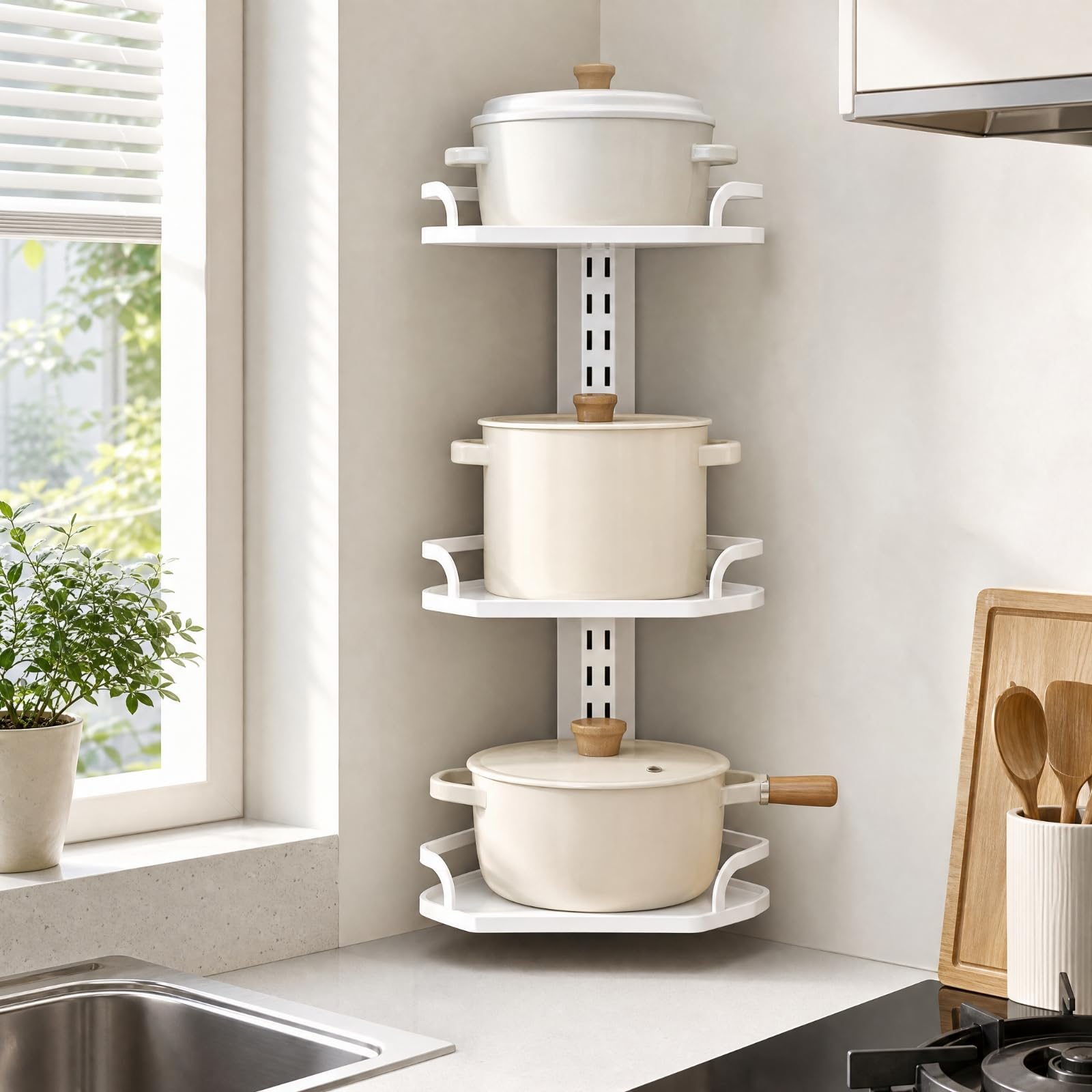 Porte-Pots Mural Trois Étagères Réglables Étagère Cuisine Panneau à Crémaillère Polyvalent pr Locataires, Noir