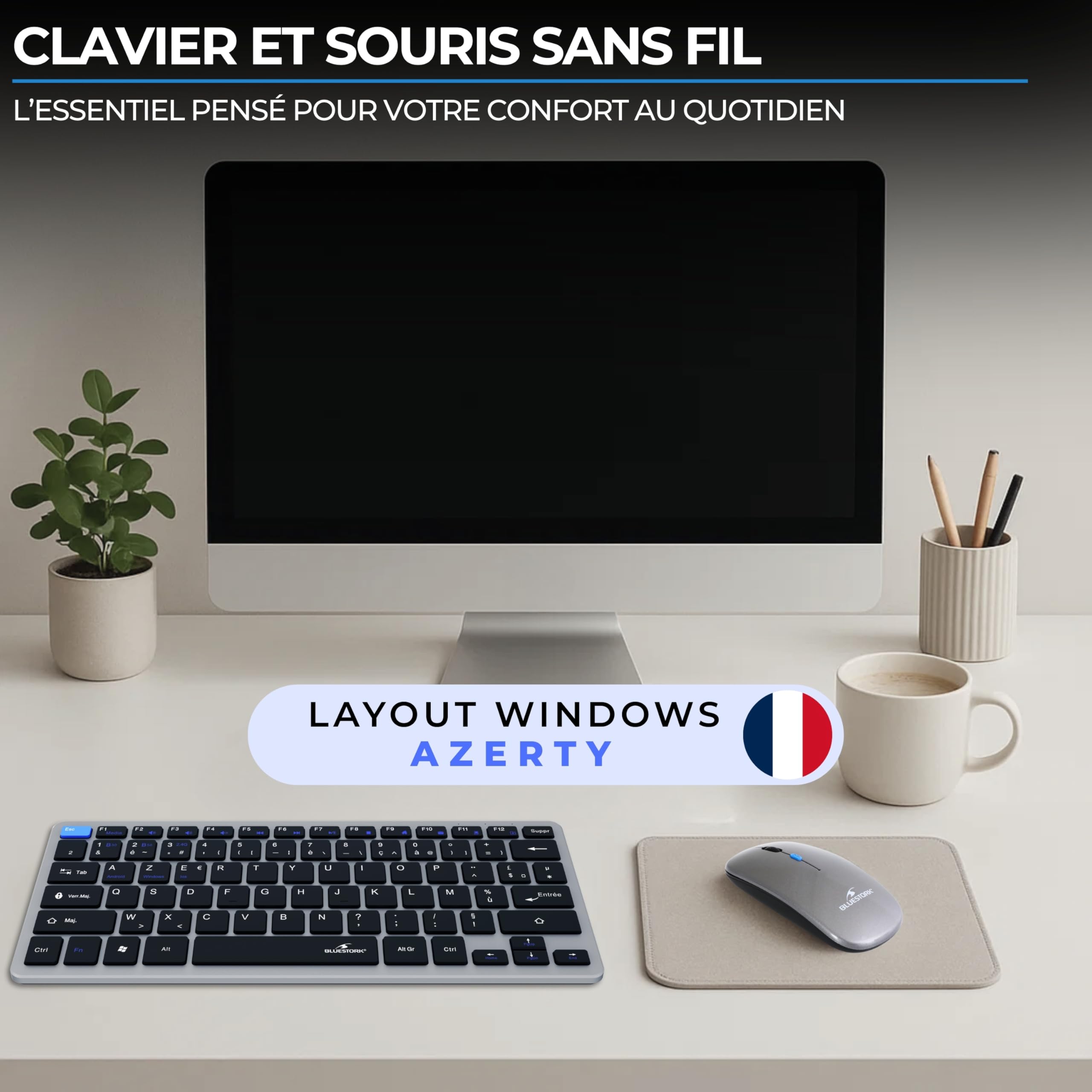 Bluestork Pack Mini V2 - Clavier & Souris sans Fil Rechargeable | AZERTY FR, Sans Fil Double Connexion 2.4GHz & Bluetooth, Clavier Compact + Souris 1600 DPI, 80H Autonomie