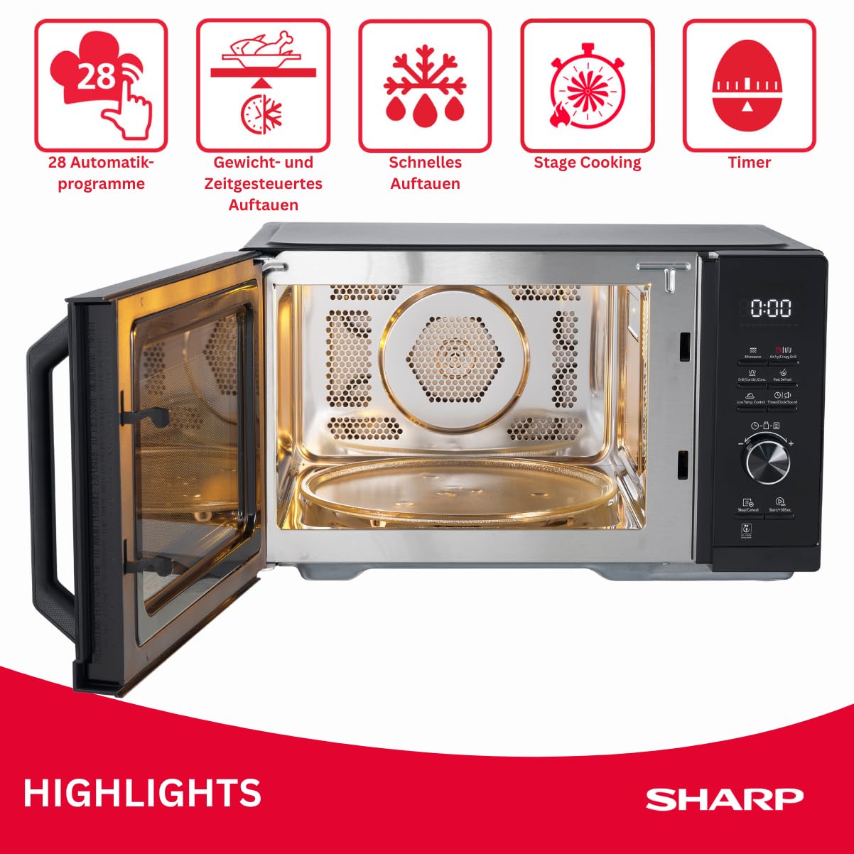 Sharp Microondas Airfry 5 en 1 RCA271TB 900 W, parrilla de 1000 W, aire caliente y función AirFry, convección 2100 W, 27 l, 28 descongelación automática, descongelación controlada por peso y tiempo