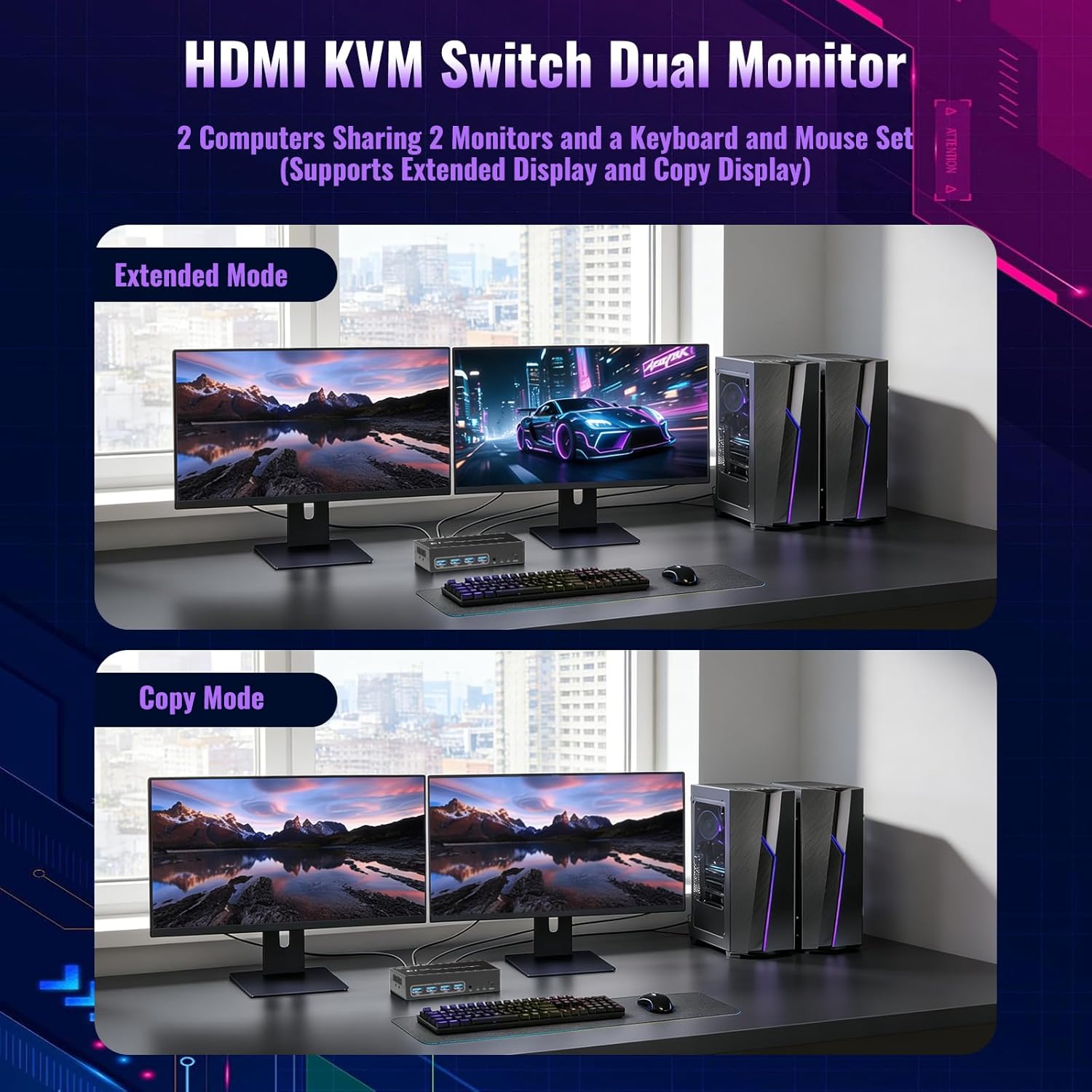 KVM Switch 2 Monitors 2 Computers, 4K@60Hz,Simulation EDID, USB 3.0 KVM Switch with 4 USB Ports Wired Remote, Includes USB Cables (2 PC 2 Monitor KVM Switches 4K)