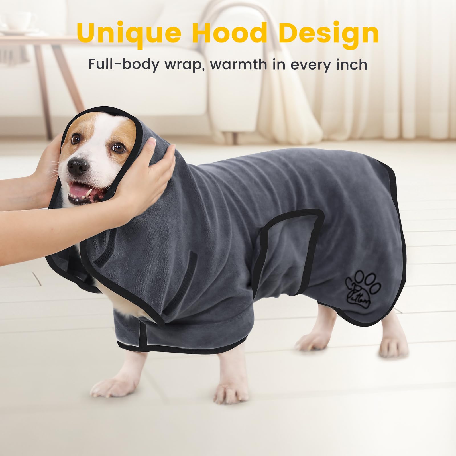 PETTOM Hundebademantel, Bademantel Hund mit Hohem Kragen, Hundebademantel für Große Mittelgroße und Kleine Hunde, Hunde Bademantel Mikrofaser mit Klettverschluss (Grau, M)