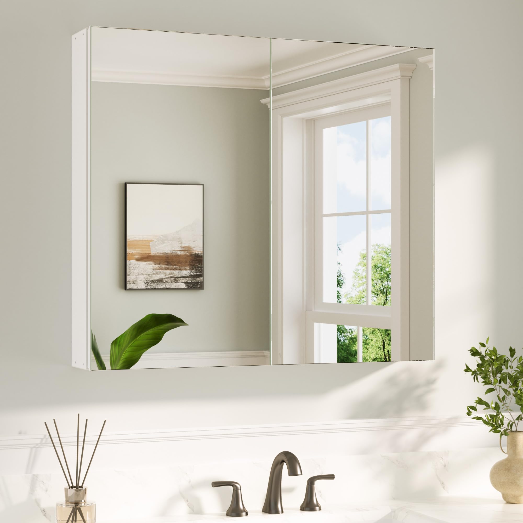 Keonjinn Bathroom Cabinets with Mirror - 75x65cm Aluminum bathroom Mirror Cabinets - Recessed Bathroom or Wall Mounted Cabinet with Stepless Adjustable Shelves - Modern Silver Bathroom Cabinet