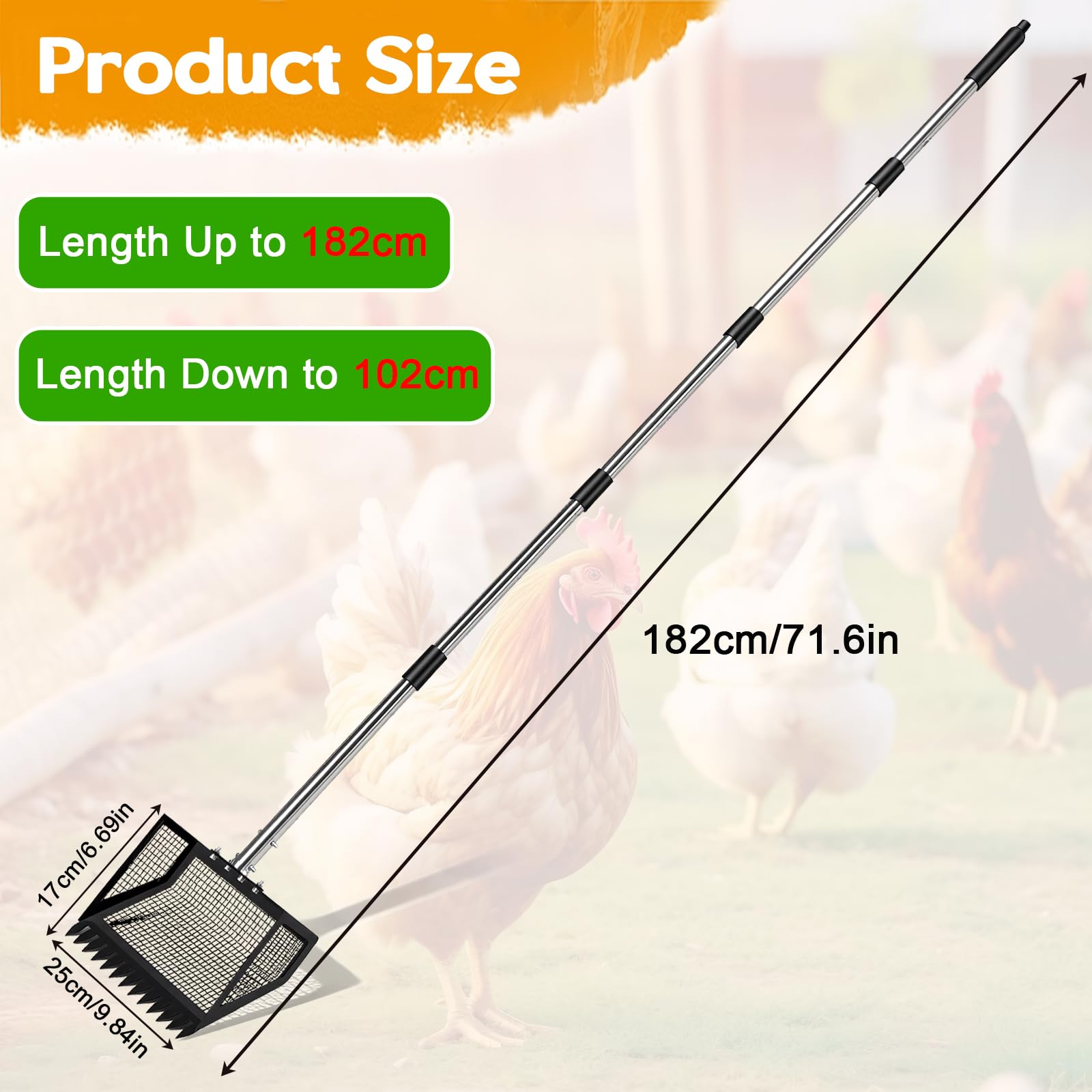 Pala per escrementi di pollo da 25,5 cm, con manico ergonomico, accessorio regolabile in acciaio inox per pollaio, pala multiuso estensibile per proprietari di pollame e gatti, regolabile 102-182 cm