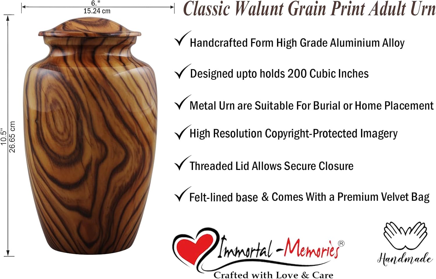 Walnut Grain Print Cremation Urn – Full Size Metal Urn with Teak Wood Finish – Adult Memorial Urn for Human Ashes up to 200 lbs – Funeral Urn for Men and Women with Velvet Bag (Large)