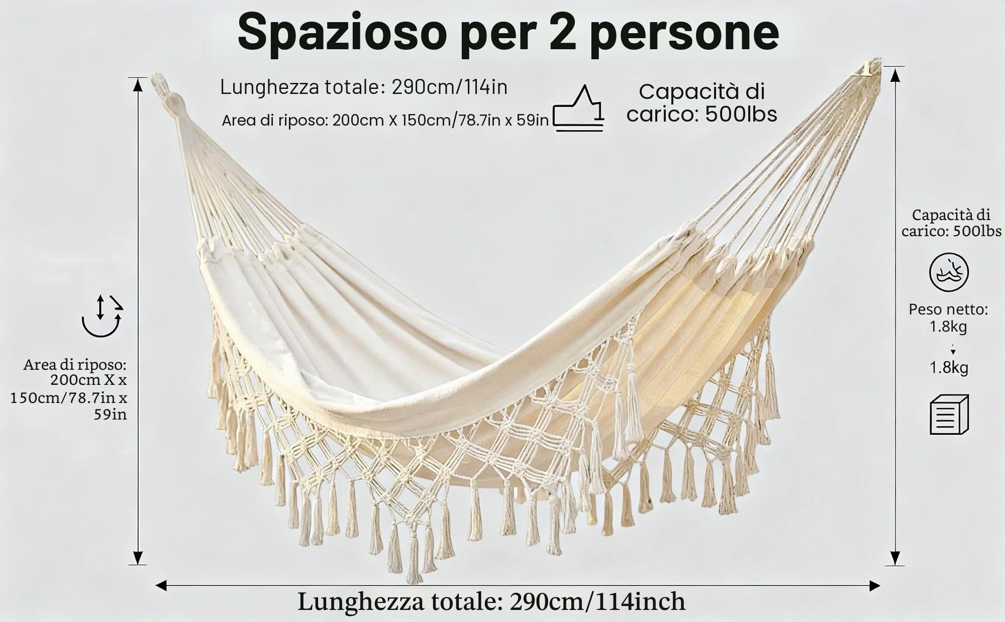 Amaca doppia per interni ed esterni, amaca portatile da campeggio, grande, in cotone morbido, per casa, patio, cortile, portico, prato e giardino