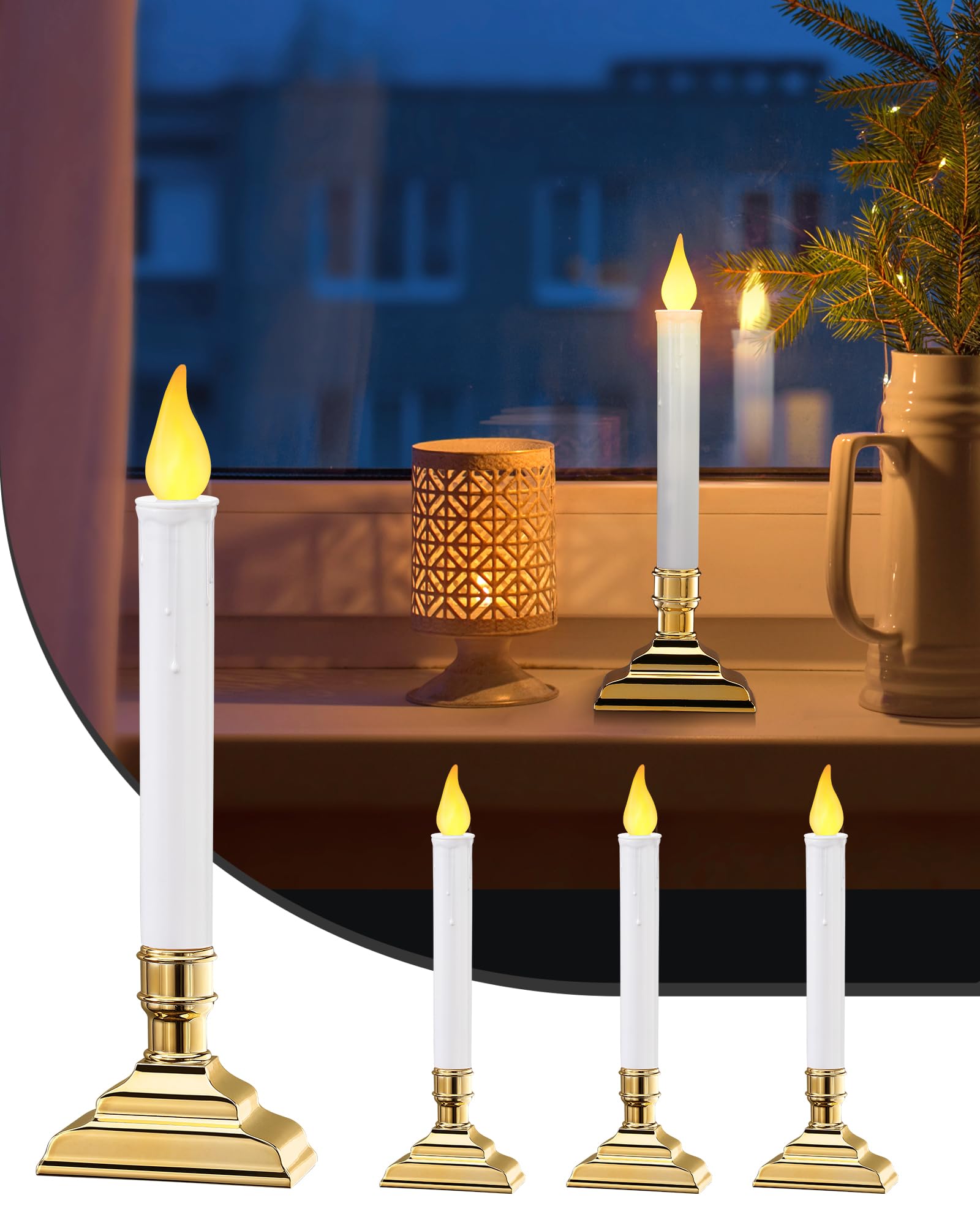suraielec 4 pack battery operated window candles, dusk-to-dawn window lights with removable candle holders, led flameless candlesticks for christmas window, mantel, dining table, gloss gold