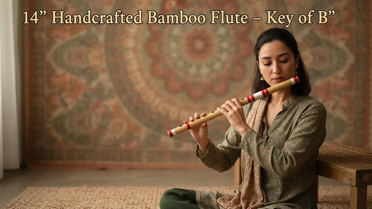 14 Inch Authentic Indian Wooden Bamboo Flute in 'B' Key Fipple Woodwind Musical Instrument Recorder Traditional Bansuri Handcrafted Novelty Decoratives & Collectibles