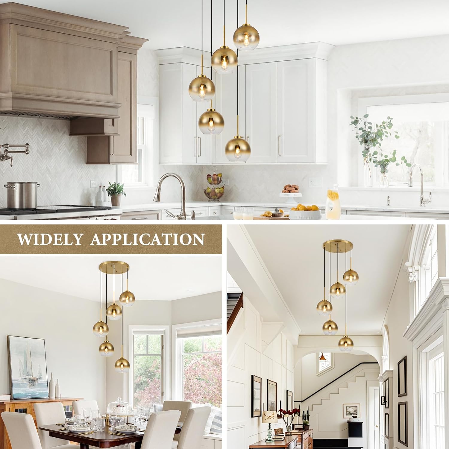 Mid Century Modern Chandelier, 5-Light Gradient Gold Glass Pendant Lights Kitchen Island, Pendant Lights with Adjustable Cord, Pendent Lighting for Kitchen Island, Staircase, Dining Room