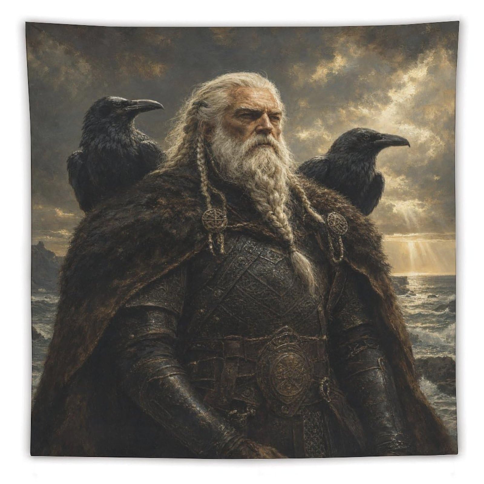 W7C8U2X3 Odin with Ravens Wall Tapestry, Realistic Illustration, Apartment