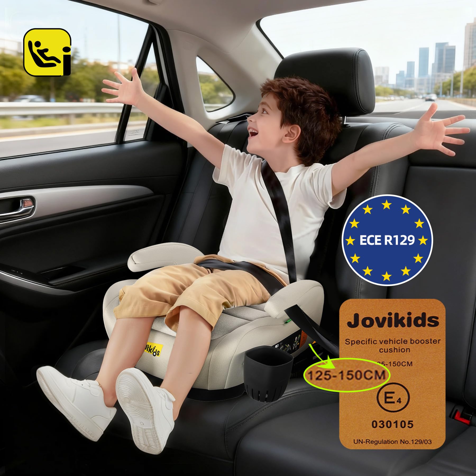 Jovikids ISOFIX Car Booster Seat, i-Size R129, 125-150 cm (6–12 Years), Seat Belt Guide, Lightweight, Removable/Machine-Washable Cover - 2