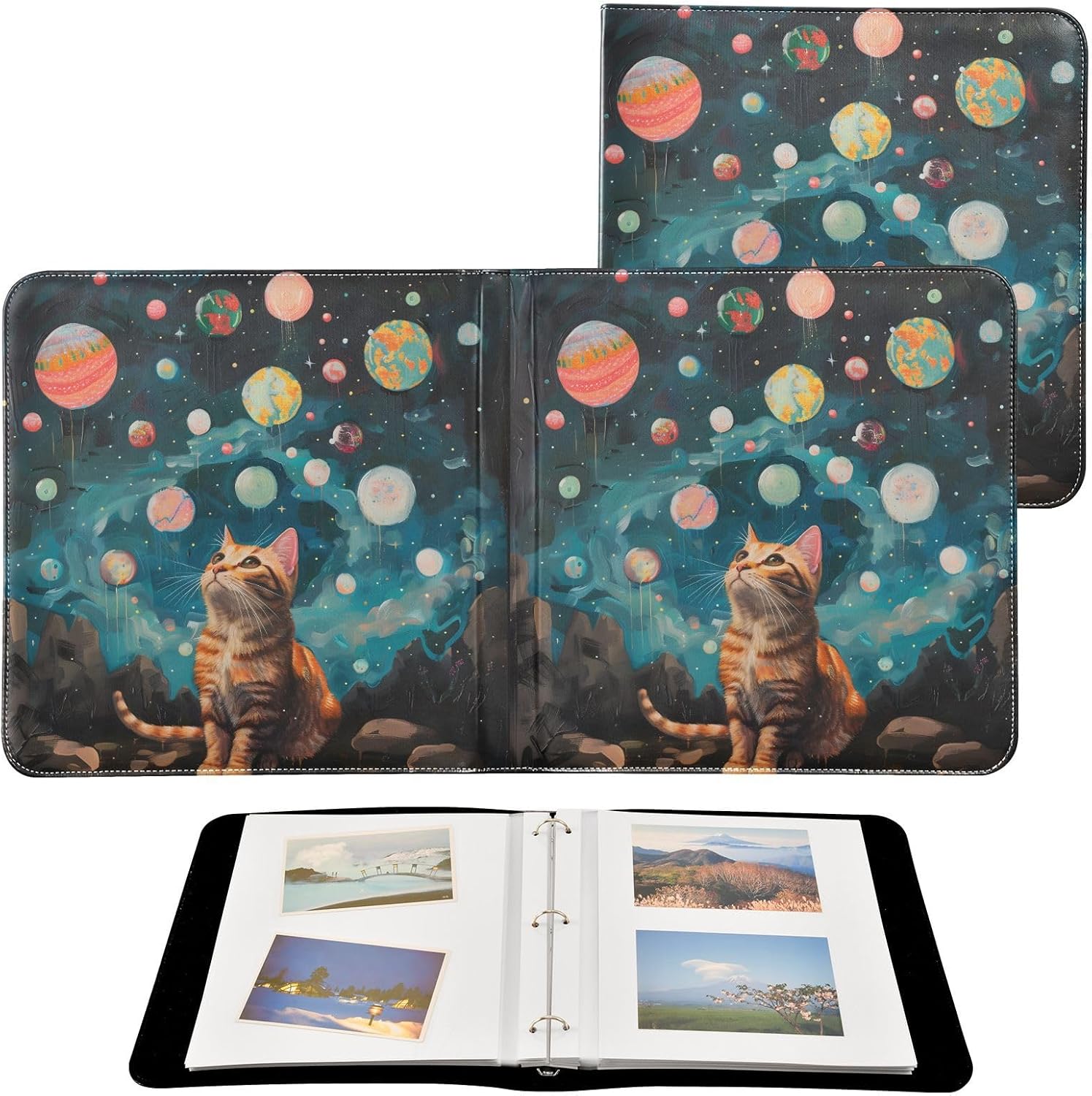 JIPONI Cat Image Large Photo Album, DIY Leather Cover Scrapbook Albums for 4x6 5x7 6x8 Pictures, Self Adhesive Memory Book for Wedding, Baby, Family