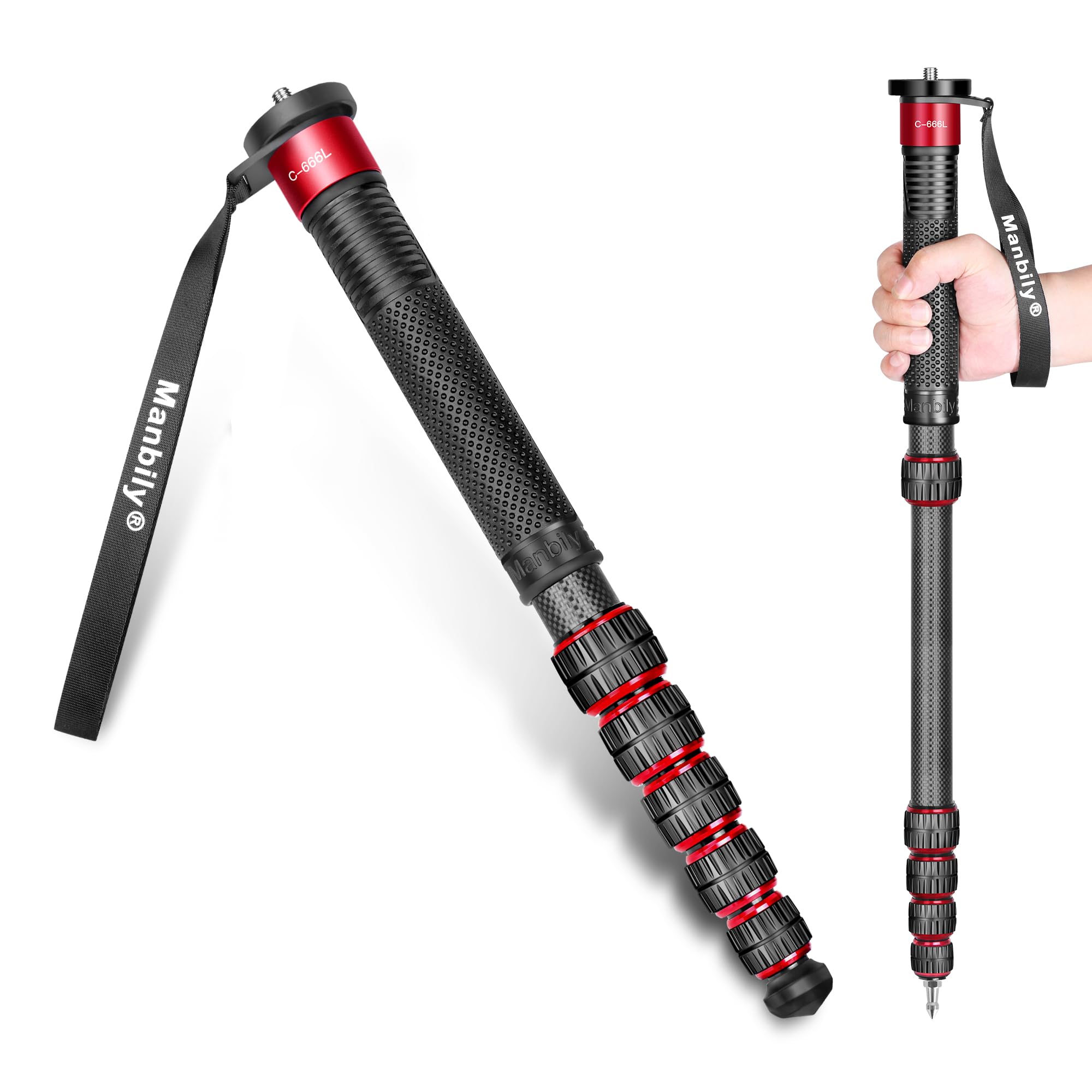 Manbily 32mm Tubes Monopode en Fibre de Carbone 44cm - 174cm pour Appareil Photo Caméra Max. 15kg Poignée de Canne DSLR 6 Sections avec Clip Téléphone Portable (Rouge) C-666L