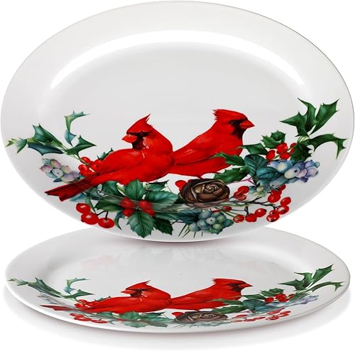 Kigley Plato ovalado de cerámica cardenal de 2 piezas de 14 x 9 pulgadas, plato ovalado de bayas de acebo, platos decorativos de acuarela cardenal disponible en Yaxa Peru