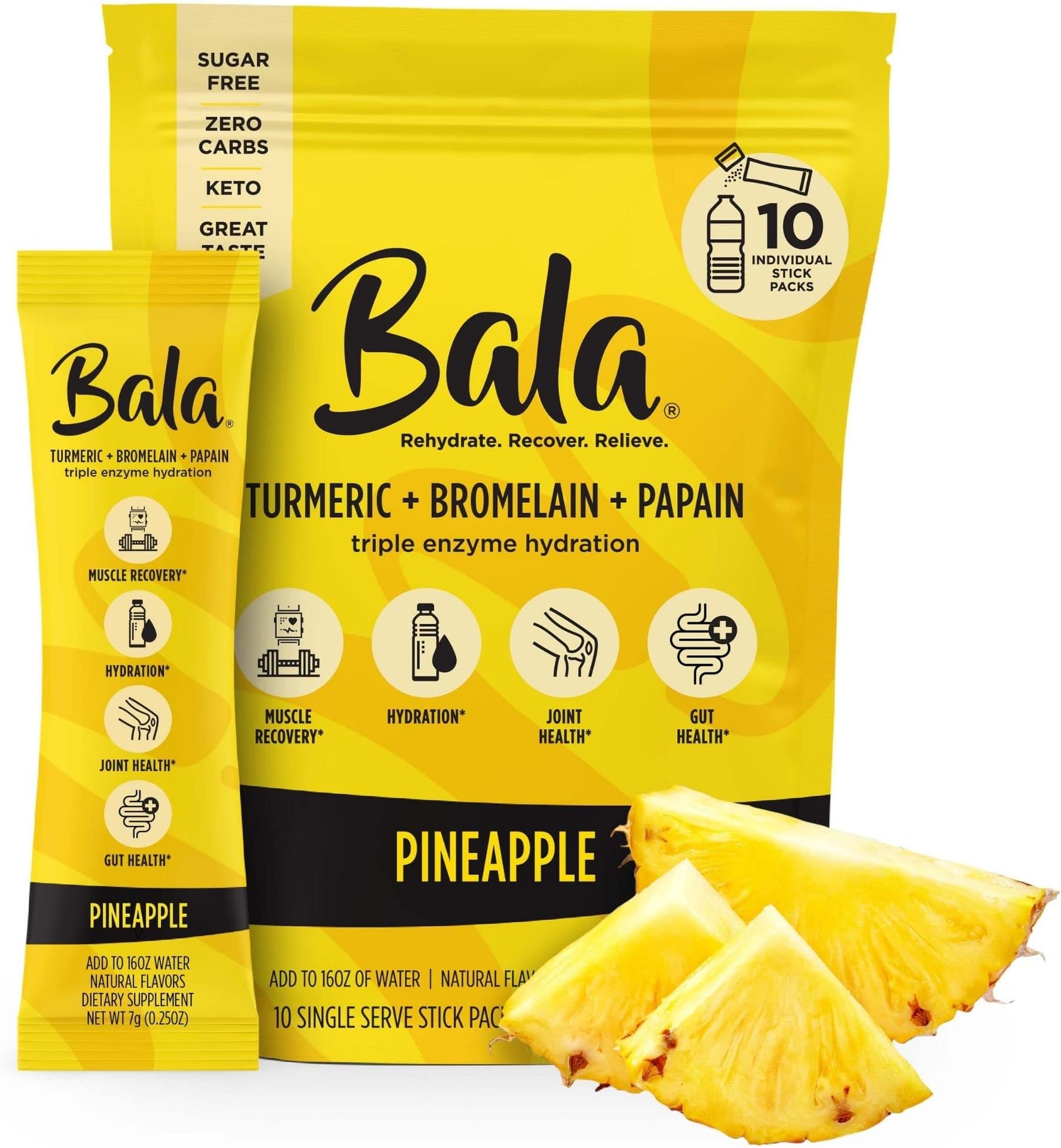 Bala Enzyme Hydration & Sugar-Free Drink Mix Packets - Turmeric, Bromelain, Papain, Immunity, Mobility - Pineapple, Zero Sugar Electrolytes Powder Packets, 0.25oz (10 Count)