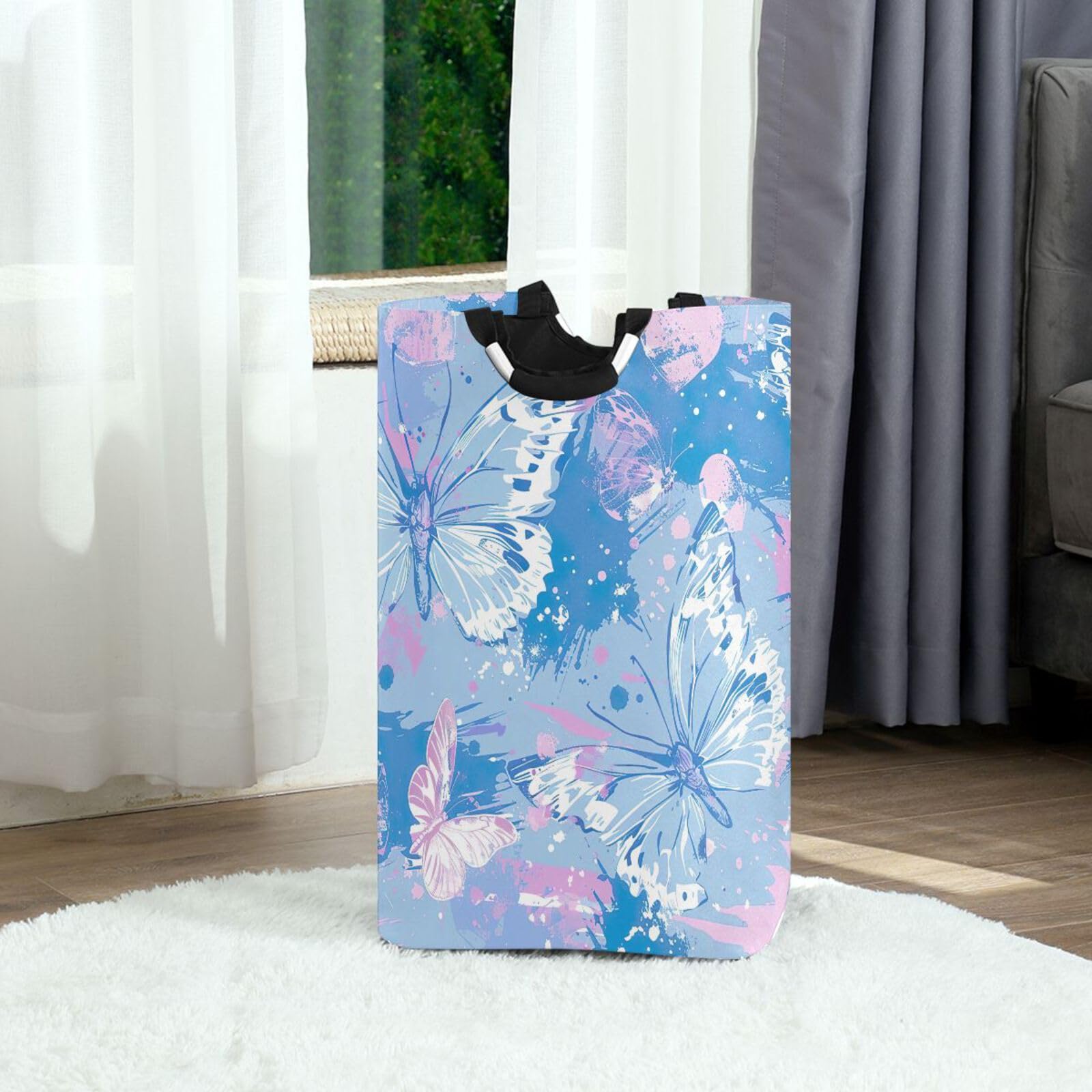 Jihqo Laundry Hamper Basket Tie-dyed Butterfly Print Collapsible Nursery Storage Bin Waterproof Clothing Baskets for Home Bedroom Bathroom Washing Room