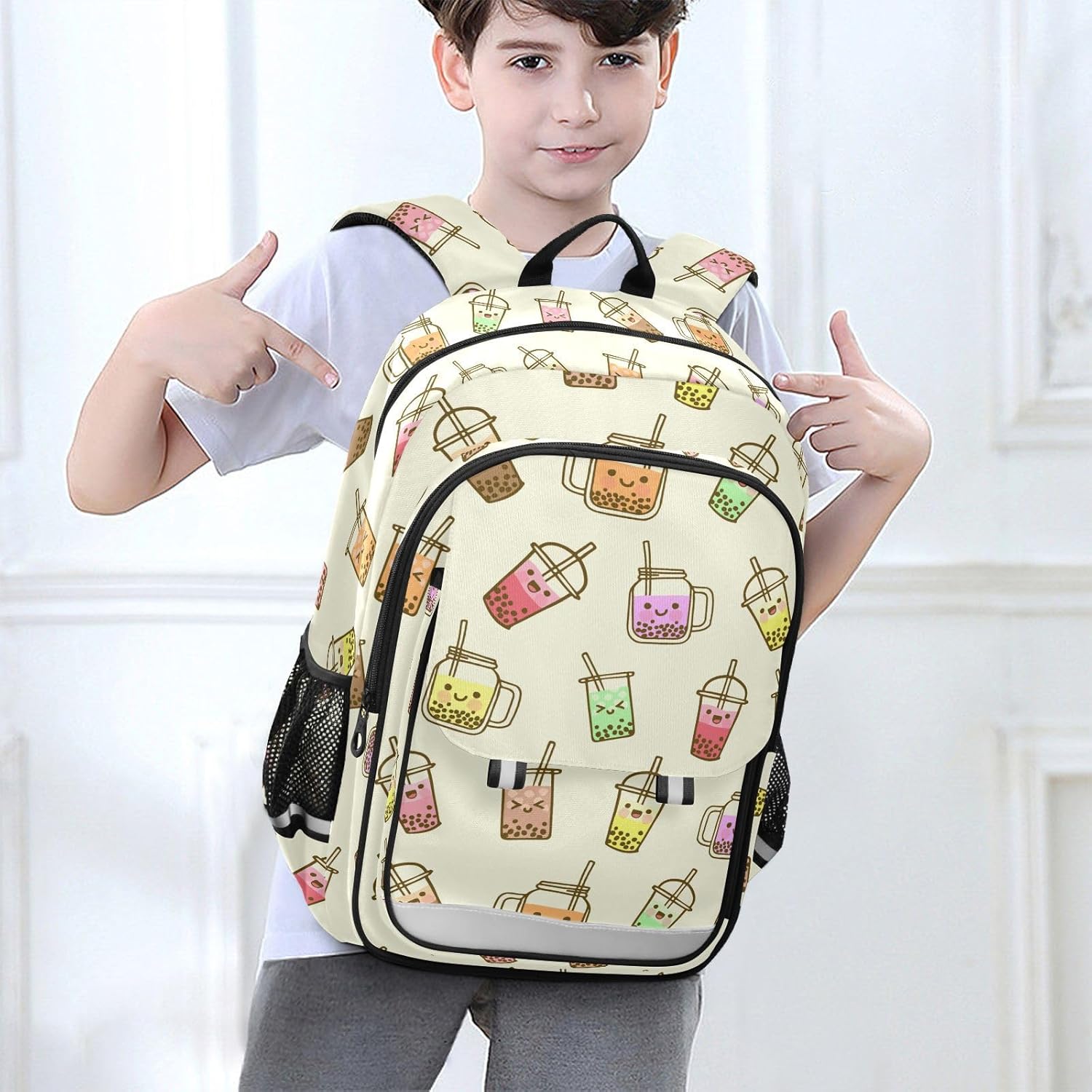 Bubble Milk Tea Funny Backpack Girls Boys Elementary School Bags Bookbags Laptop Backpack Travel Daypack Safe Reflective Stripes