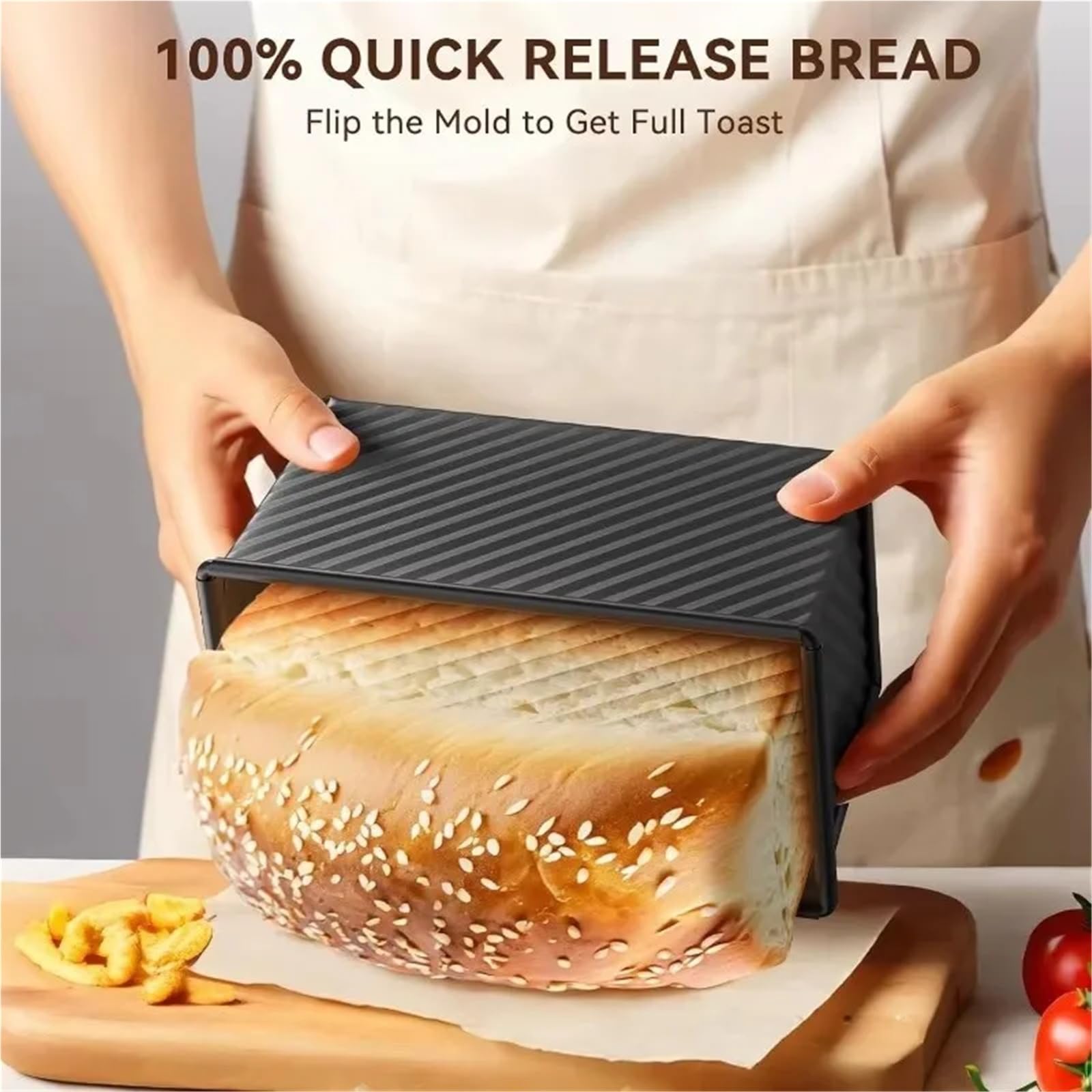 Molde for pan tostado rectangular antiadherente con tapa | Molde de pan de acero al carbono corrugado for hornear en horno.(Gold with lid)
