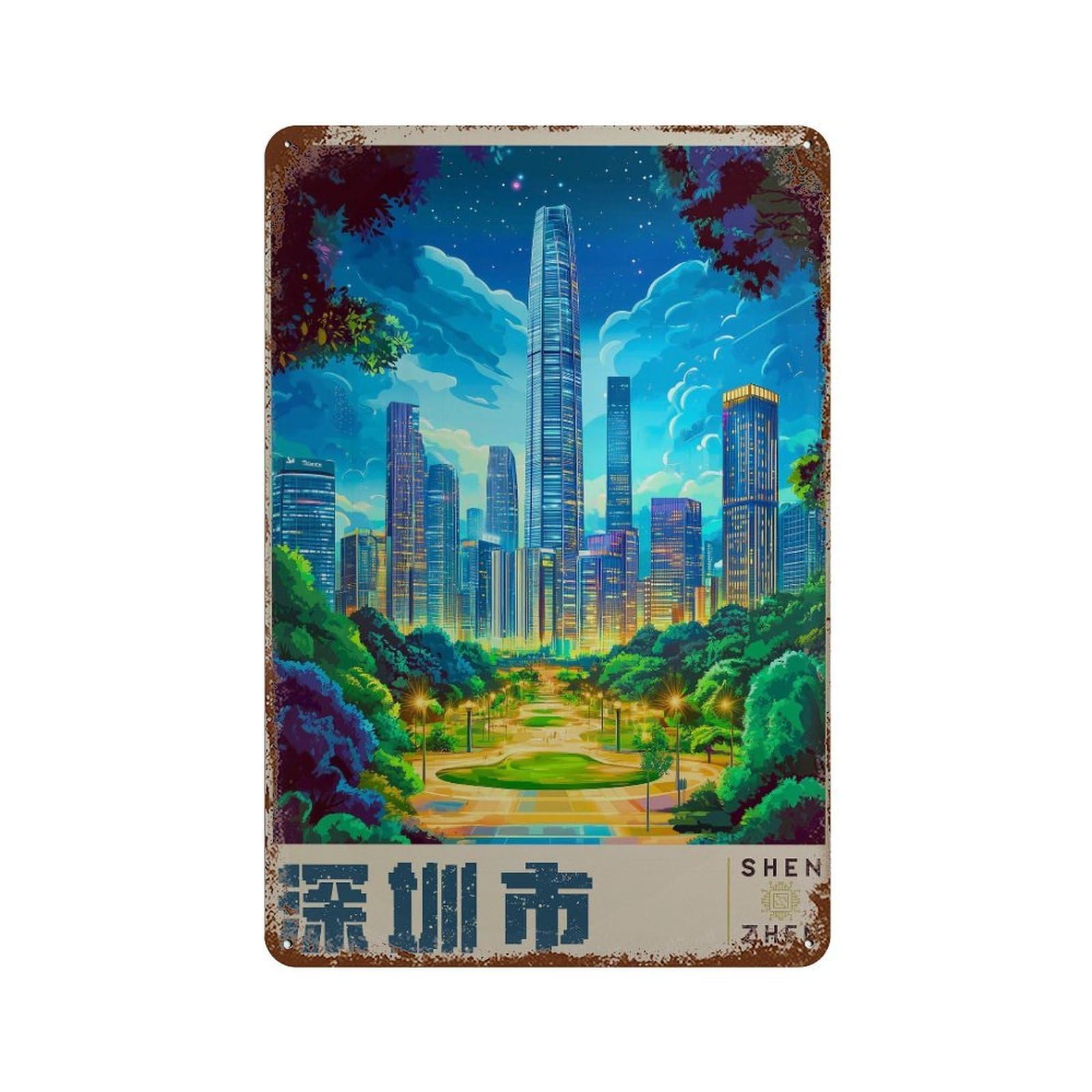 xiaoxiaoshen Shenzhen China Travel Cityscape in Chinese Wall Decor Art Metal Tin Poster Modern Home Decor Art Home Bar Shop Decorations Vintage Sign 30x20cm