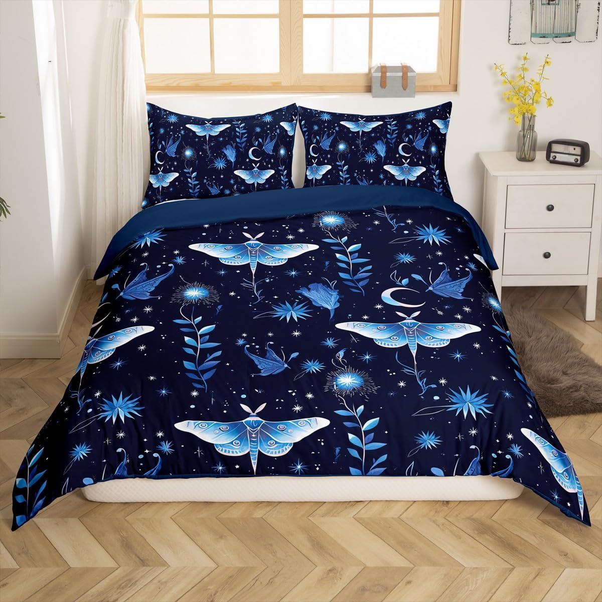 meiyoeat Butterfly Bedding Set Toddler Size Moon Comforter Cover Set Butterflies Print Girl Butterfly Floral Duvet Cover Beautiful Butterfly Bedspread Cover Room Decor Animal Quilt Cover,No Comforter