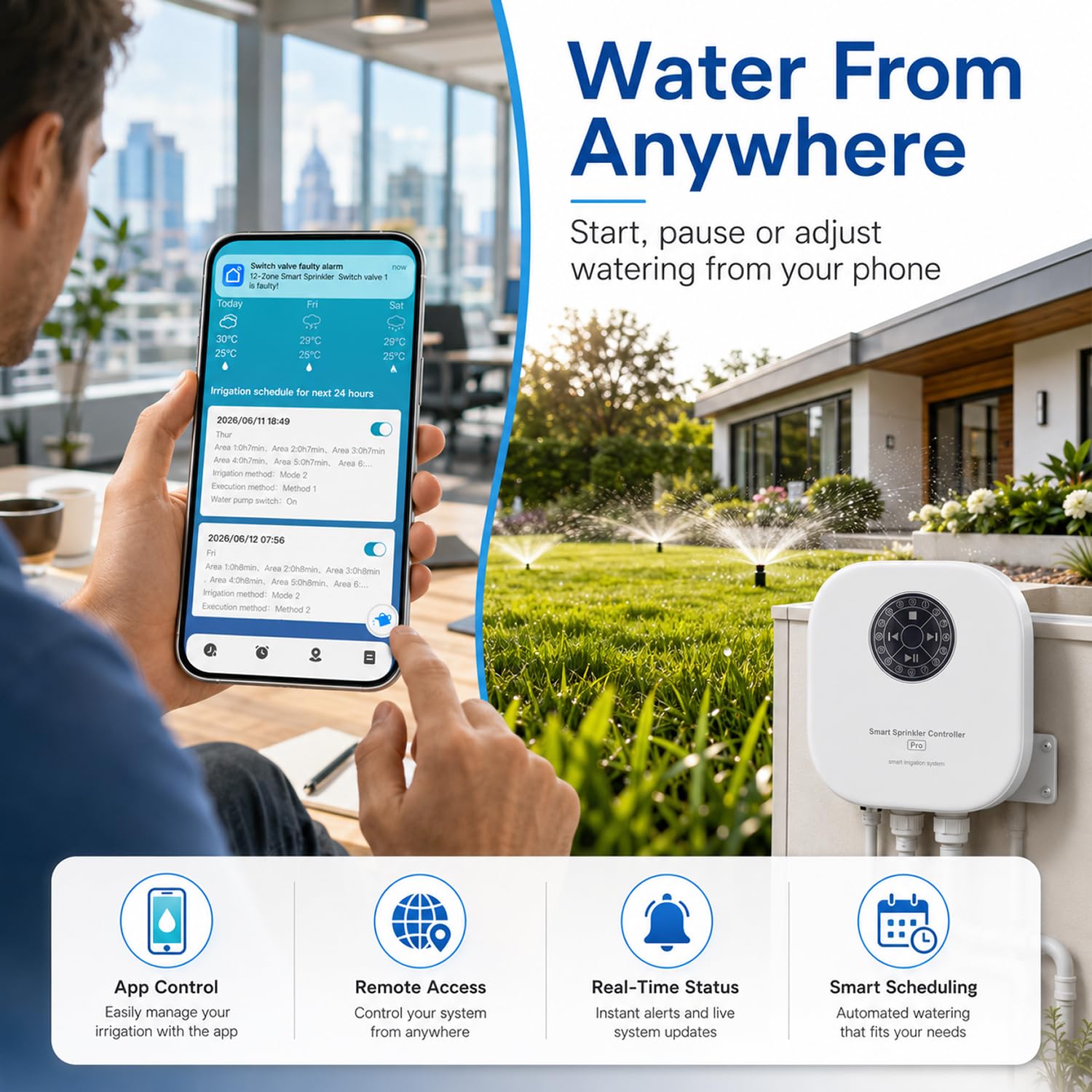 Computer di irrigazione intelligente Wi-Fi, 12 zone, controllo dell'irrigatore controllato tramite app, per giardino e prato, regolazione automatica del meteo, salto del sensore di pioggia, facile