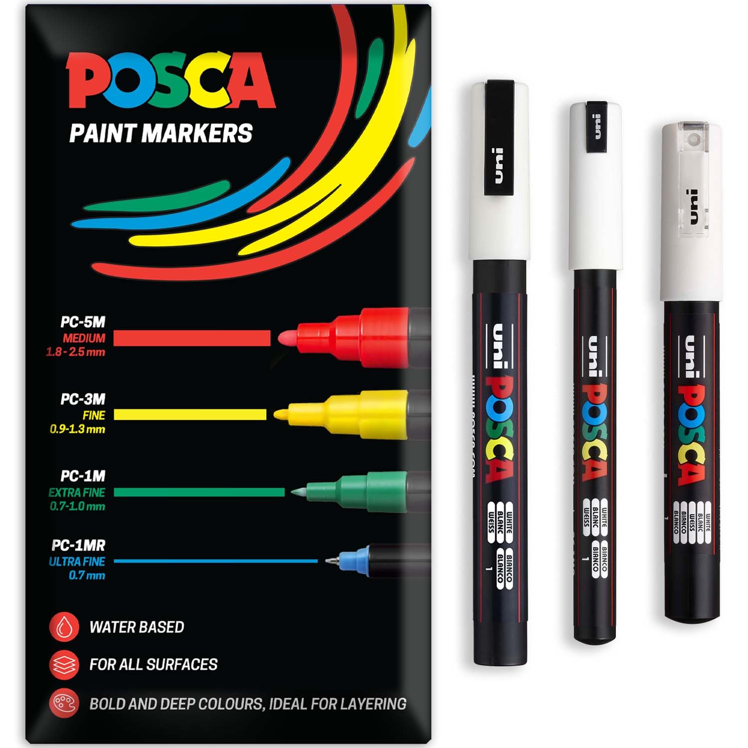 Posca Marker permanentny na bazie wody – zastosowanie na wielu powierzchniach – PC-1MR, PC-1M, PC-3M – opakowanie 3 długopisów w portfelu (Biały)