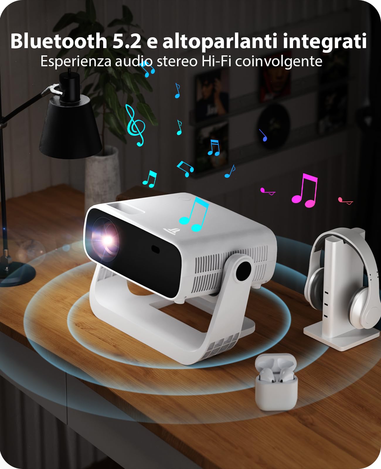Proiettore intelligente Wielio Android 11, Supporto FHD 1080P 4K, 650 ANSI, WiFi6 & BT5.2, Basso Rumore (<30 dB), Supporto Regolabile a 120°, Correzione Trapezoidale, per Android/iOS/Switch/PS5