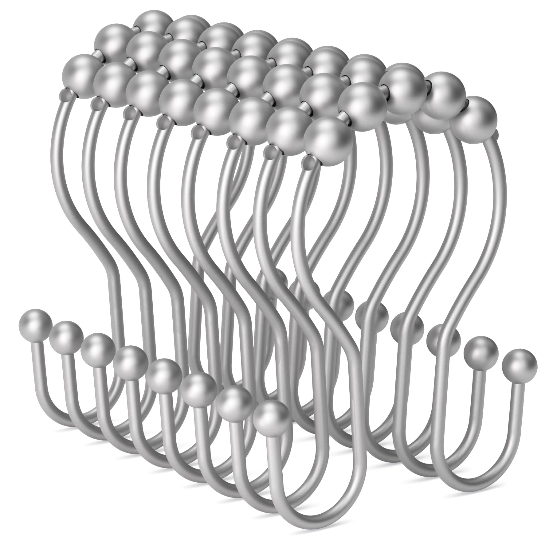 Shower Curtain Hooks Silver, Bathway Shower Curtain Rings Rust Proof, Shower Hooks for Shower Curtain Balanced Smooth Glide Double Shower Curtain