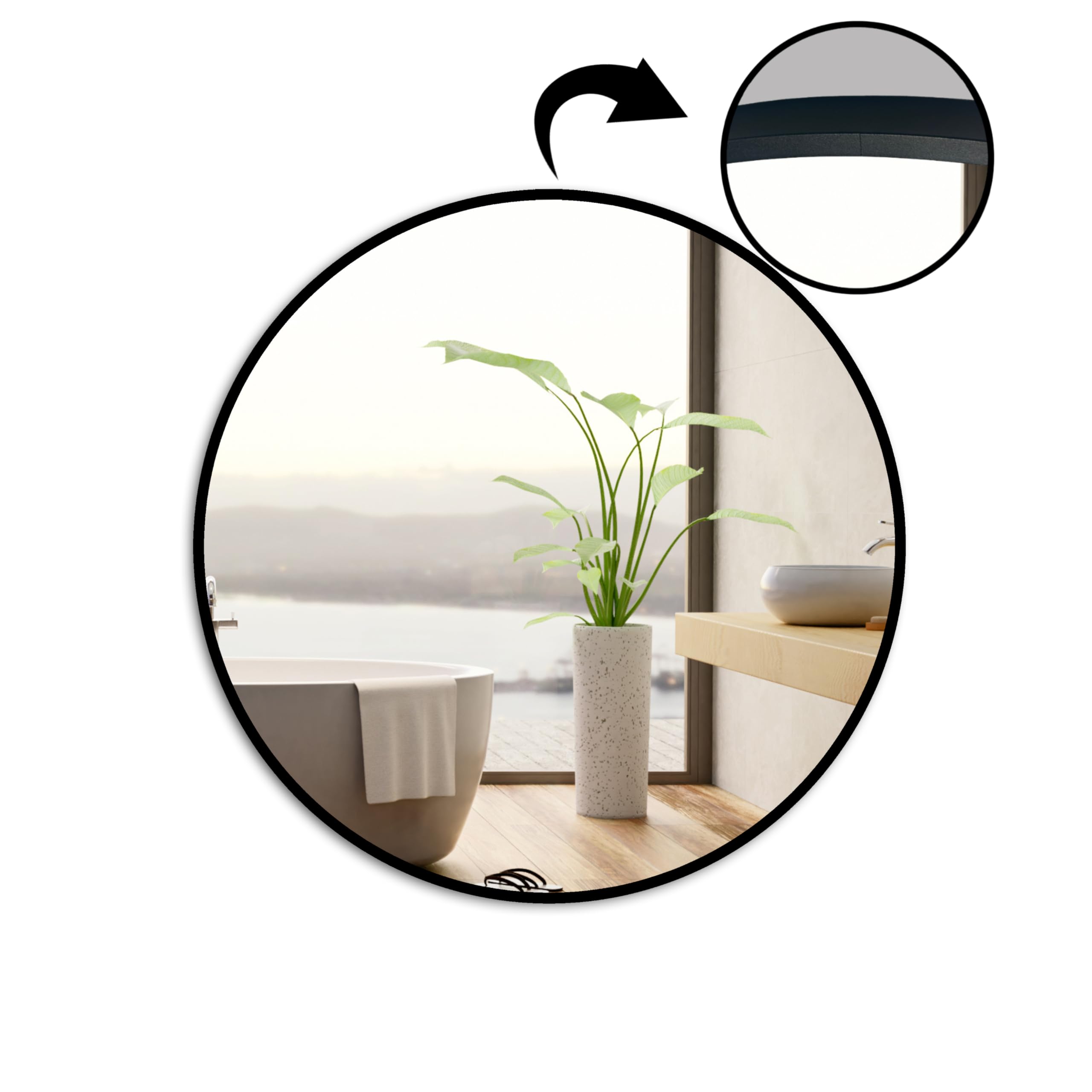Ramix Miroir Mural dans Cadre en Aluminium revêtu par pulvérisation - Noir - Loft rectangulaire - Rond - pour Salon, Chambre à Coucher, Salle de Bain, Dressing, Couloir (Noir, K1-diamètre 40cm)