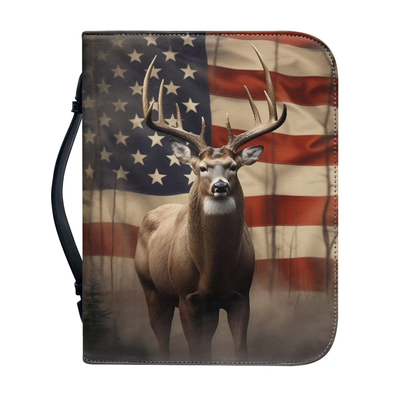 Talayituse American Flag Deer Print Bible Cover for Women Men - PU Leather Christian Case With Handle, Book Carrying Bag Accessories, 2XL โ image 1
