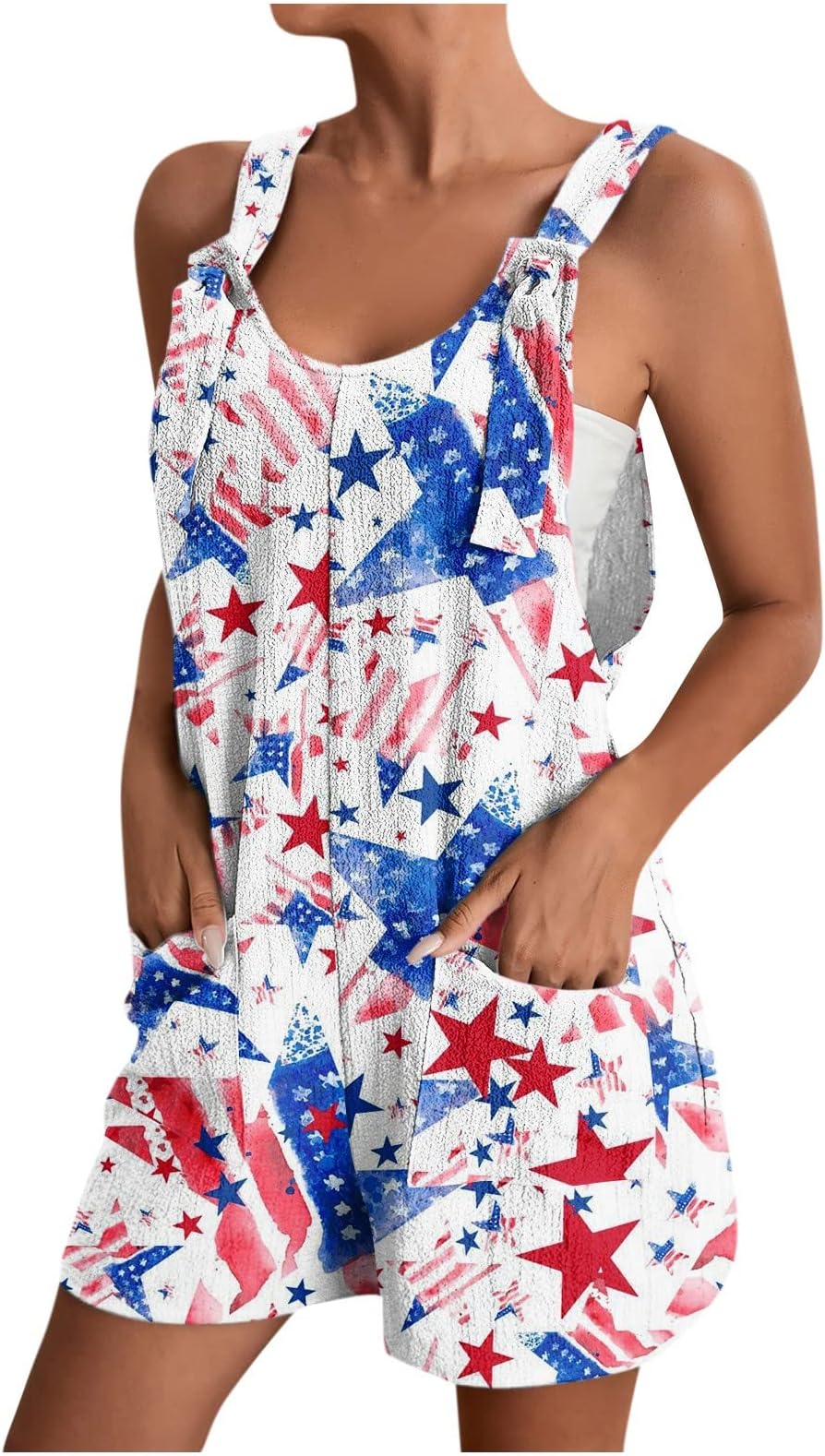 DealinM Summer Jumpsuits for Women 2023 U Neck Sleeveless Casual Short Overalls Printing Relaxed Fit Rompers with Pockets