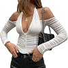 JUMISEE Women Sexy V Neck Off Shoulder Crop Top Halter Mesh Long Sleeve T Shirt Blouse Zipper Front Tee Top
